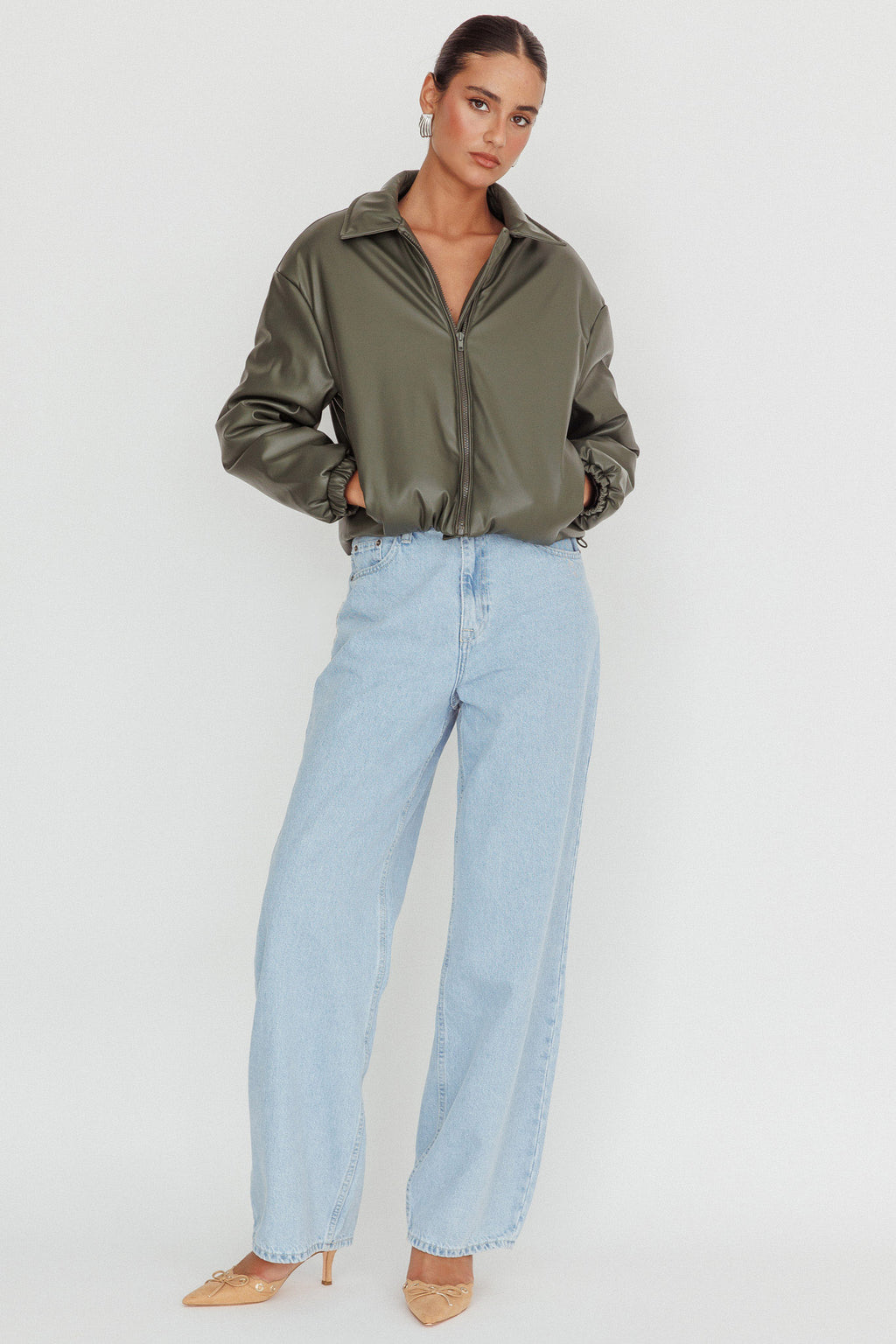 Faroe Drawstring Waist Puff Jacket Green by Selfie Leslie