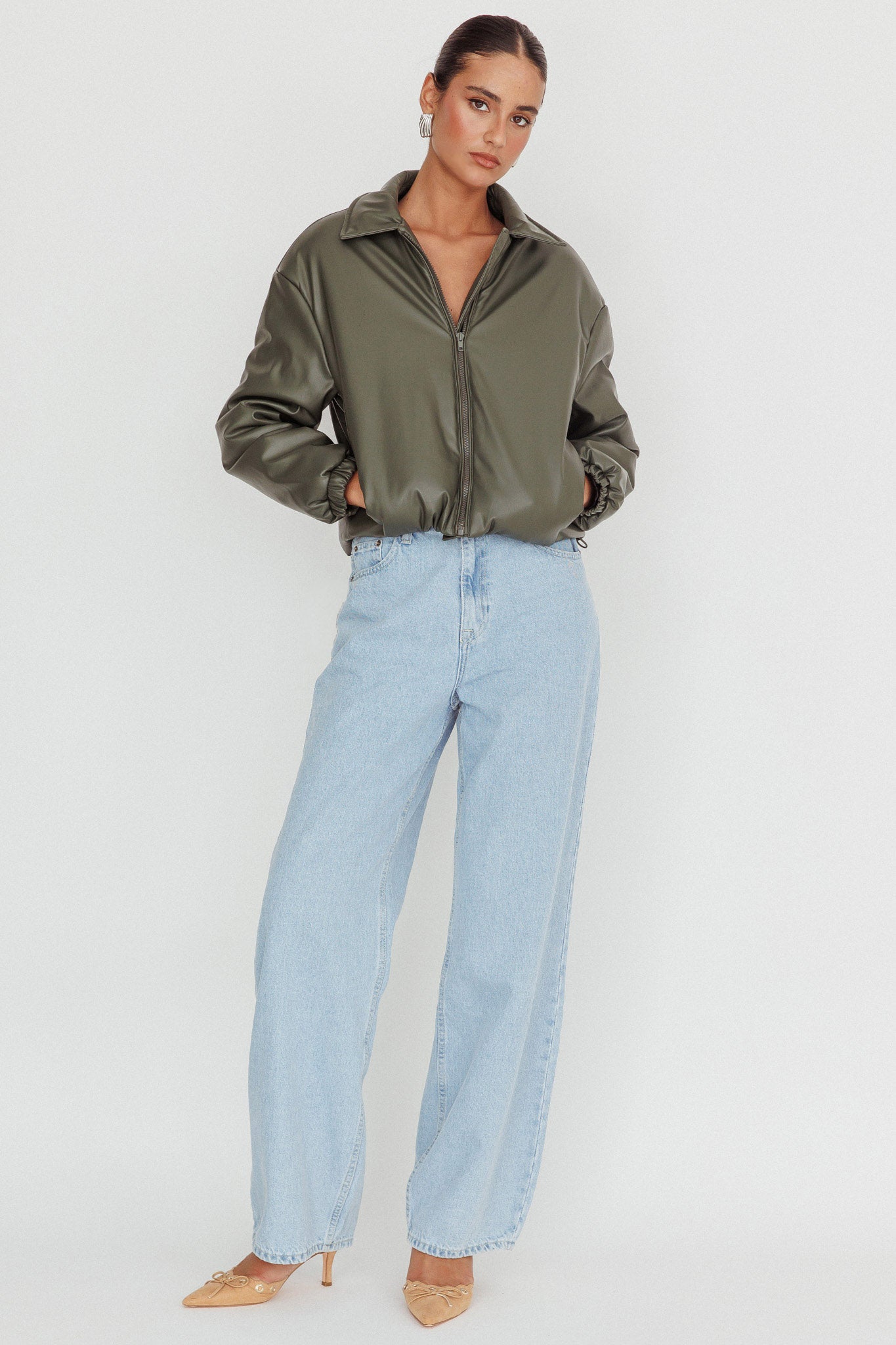 Faroe Drawstring Waist Puff Jacket Green by Selfie Leslie
