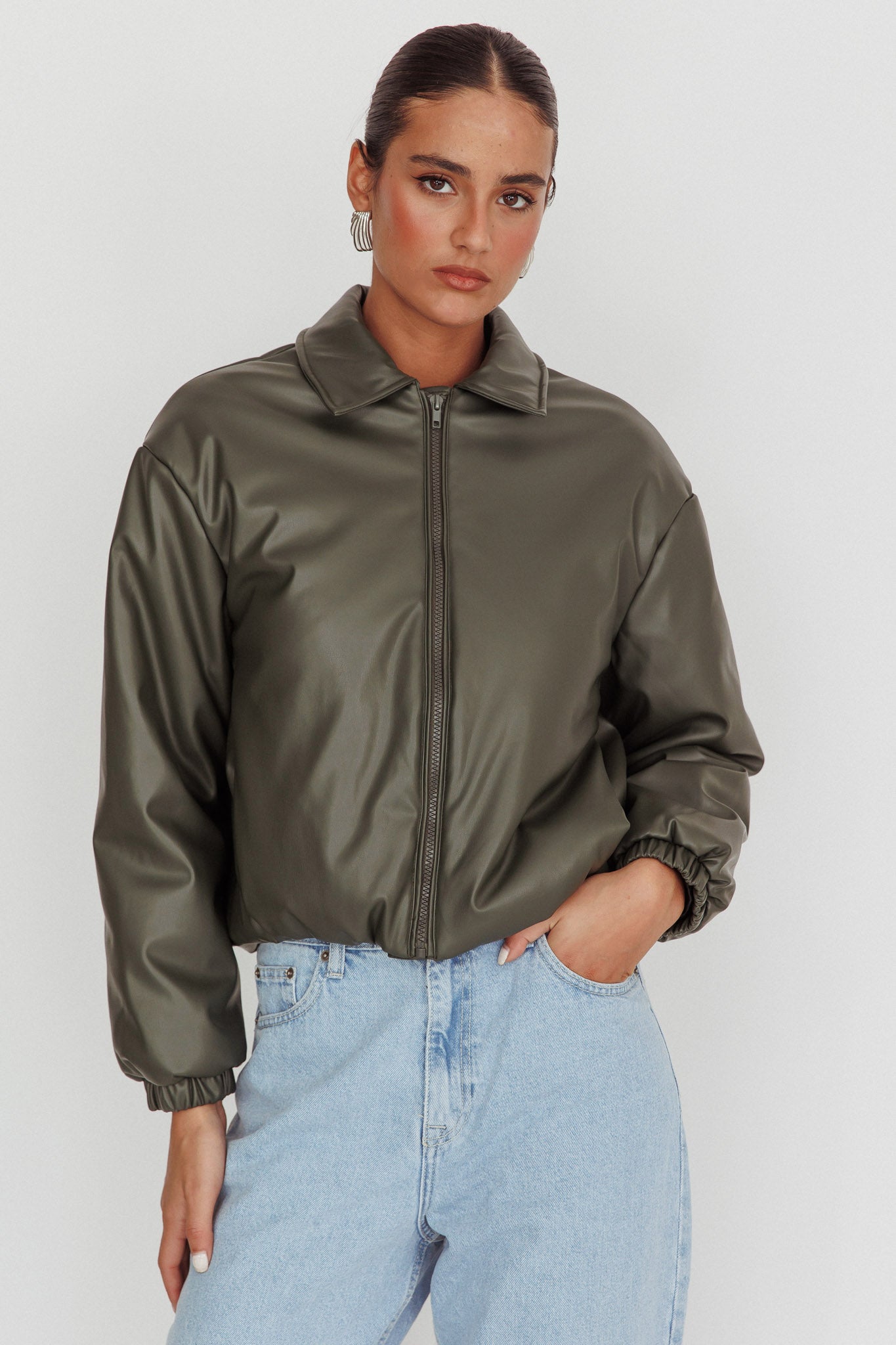 Faroe Drawstring Waist Puff Jacket Green by Selfie Leslie