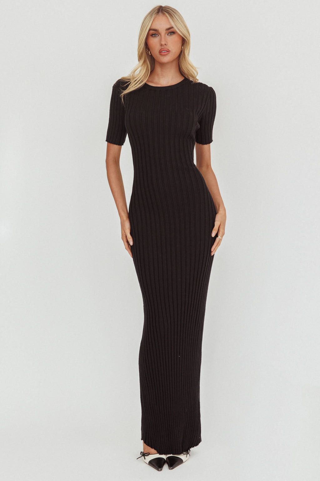 Faylen Waist Tie Ribbed Knit Maxi Dress Black by Selfie Leslie