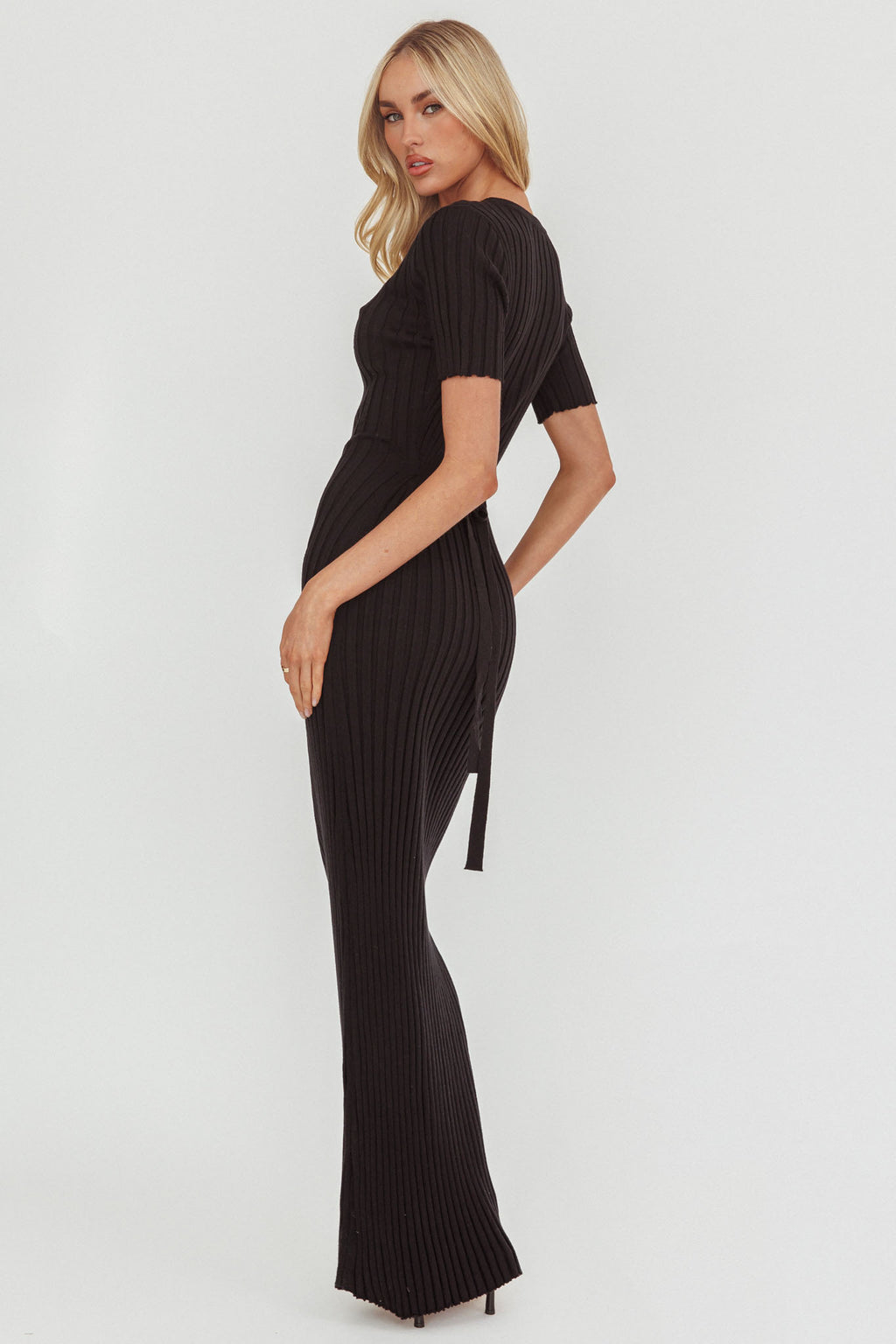 Faylen Waist Tie Ribbed Knit Maxi Dress Black by Selfie Leslie