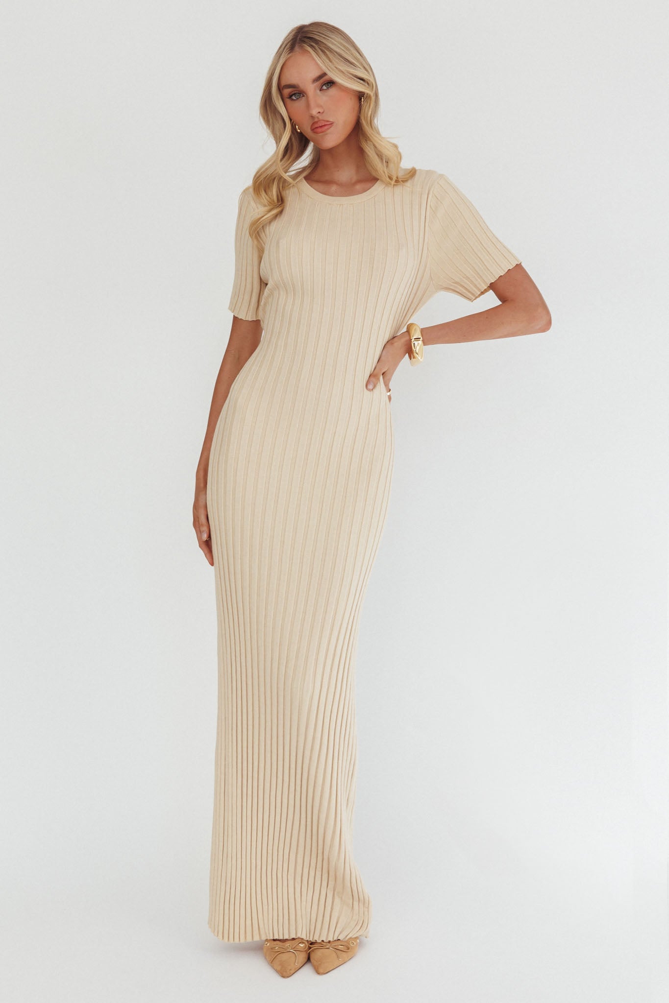 Faylen Waist Tie Ribbed Knit Maxi Dress Cream by Selfie Leslie