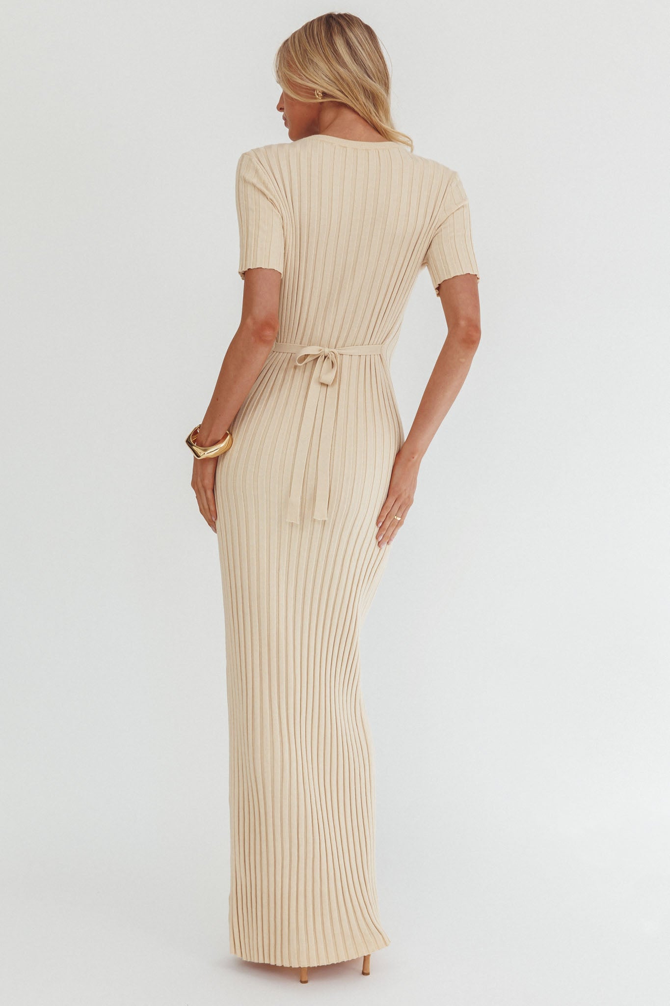 Faylen Waist Tie Ribbed Knit Maxi Dress Cream by Selfie Leslie