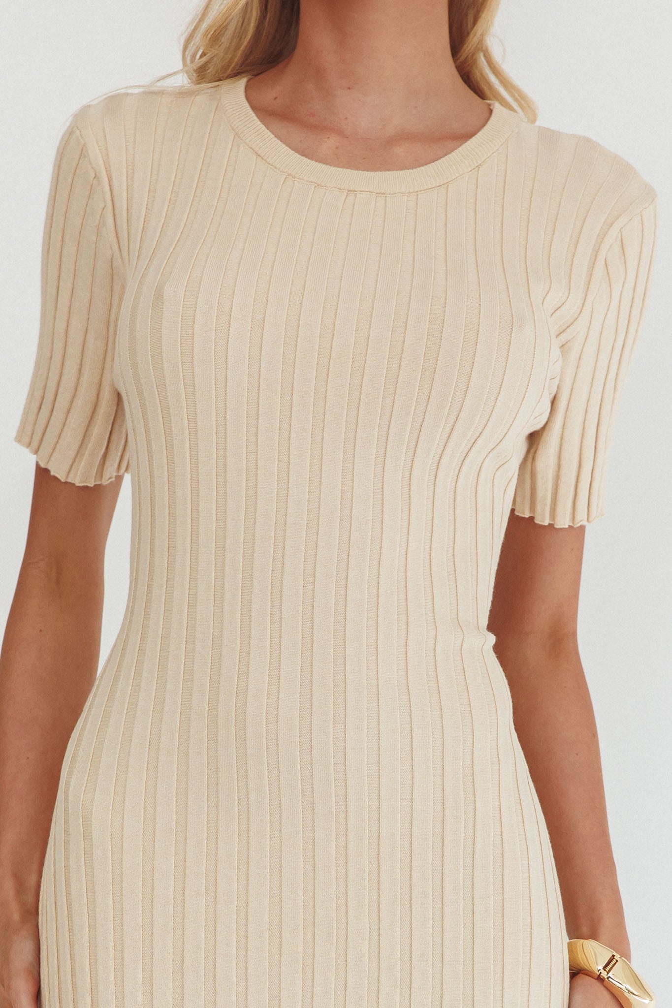 Faylen Waist Tie Ribbed Knit Maxi Dress Cream by Selfie Leslie