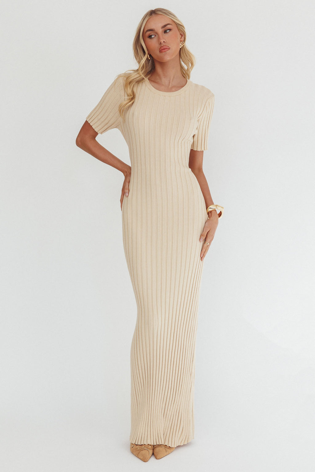 Faylen Waist Tie Ribbed Knit Maxi Dress Cream by Selfie Leslie