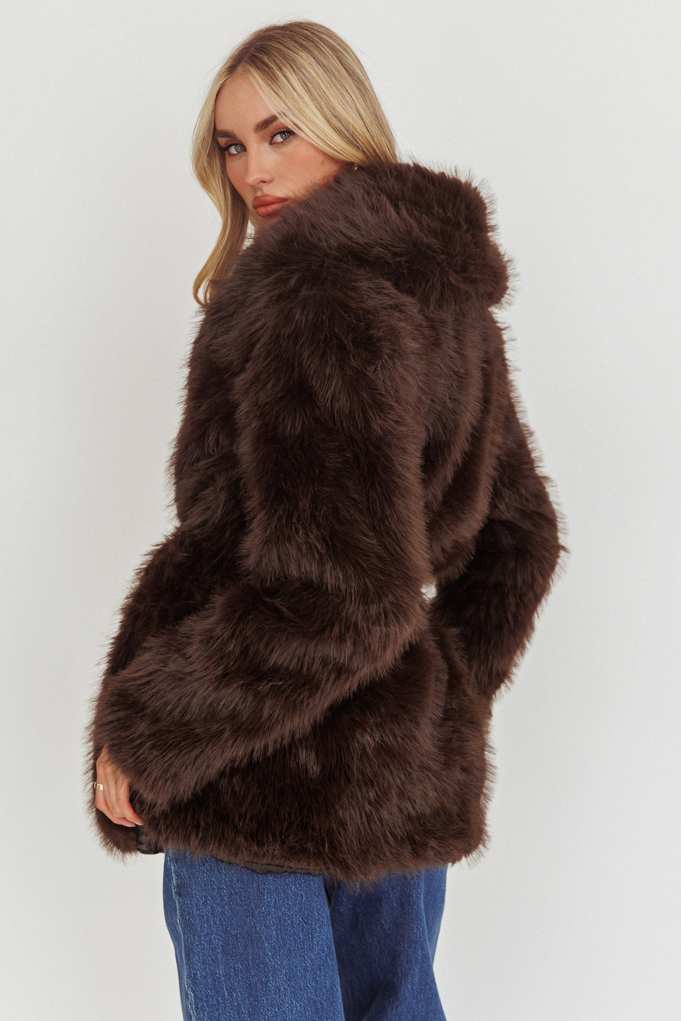 Brisa Belted Lapel Coat Faux Fur Brown– Selfie Leslie