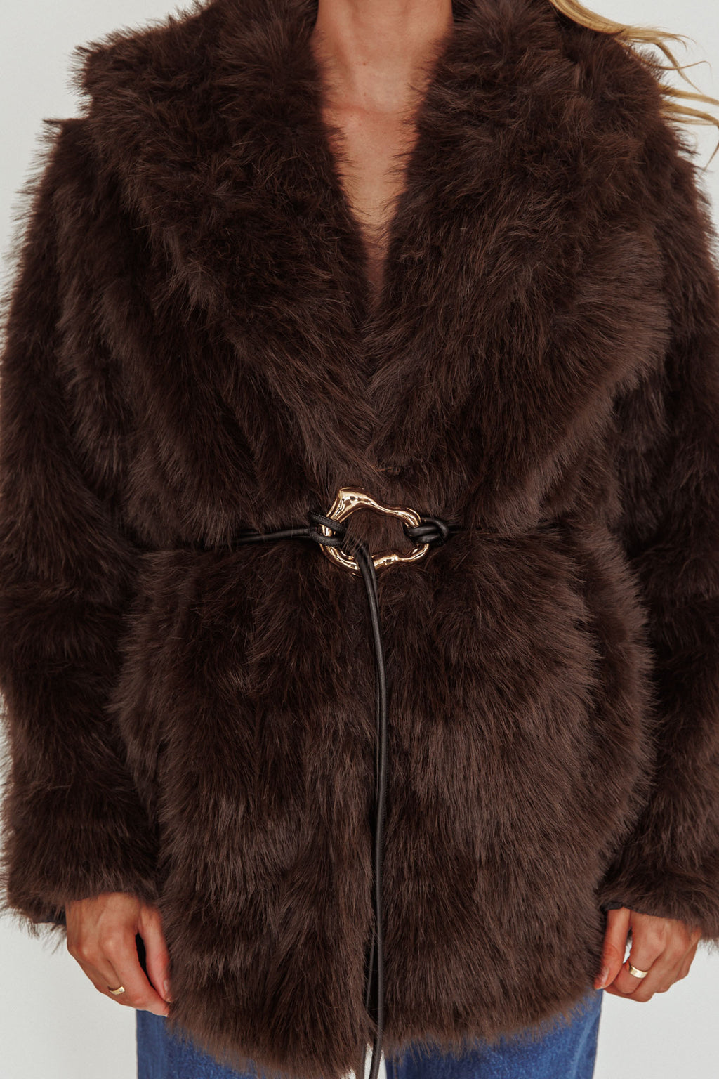 Brisa Belted Lapel Coat Faux Fur Brown by Selfie Leslie