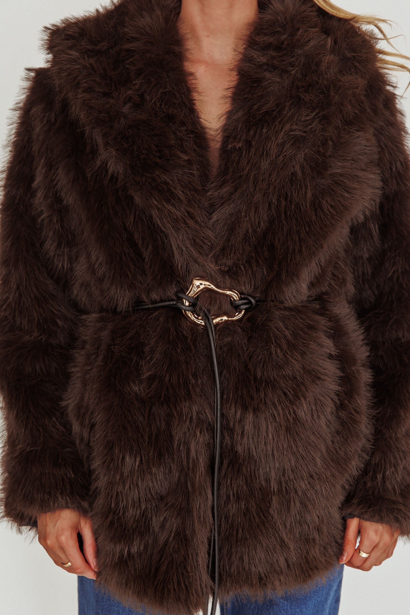 Brisa Belted Lapel Coat Faux Fur Brown by Selfie Leslie