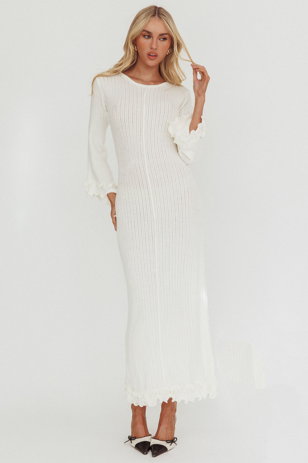 Wrenna Bell Sleeve Knit Maxi Dress White by Selfie Leslie