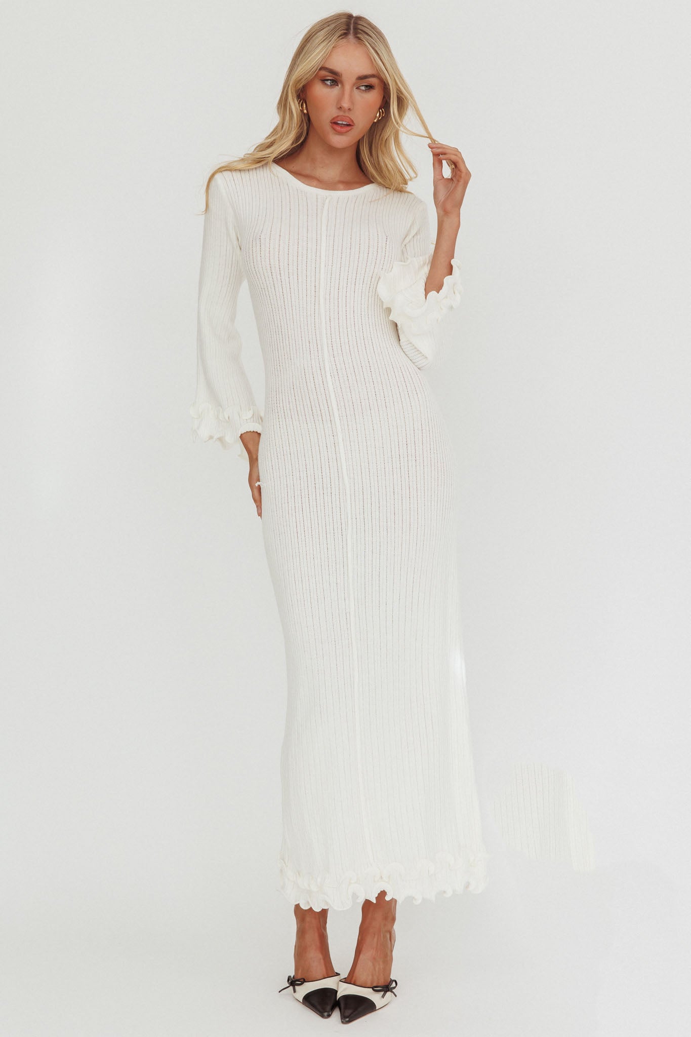 Wrenna Bell Sleeve Knit Maxi Dress White by Selfie Leslie