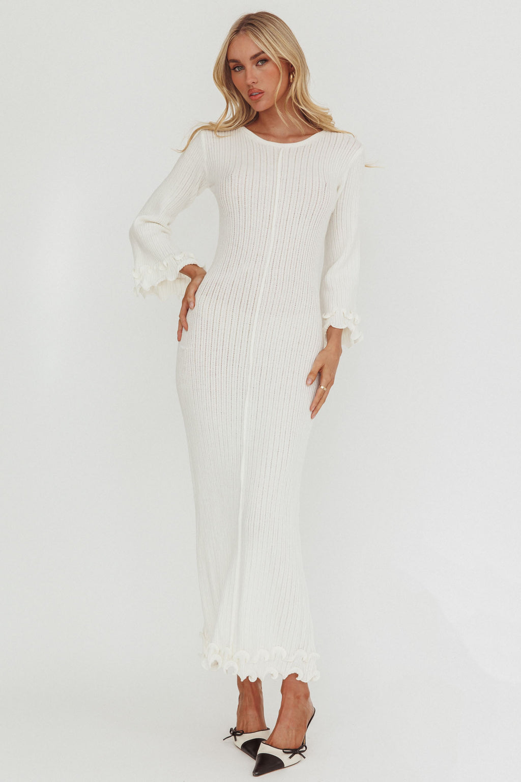 white knitted dress long sleeve Cable-Knit V-Neck Mini Sweater / S 70% Rayon Chlo Women's Crocheted Cotton Dress