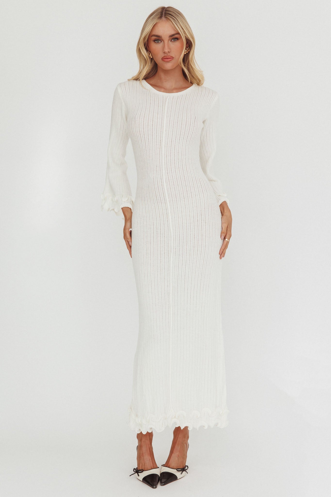 Wrenna Bell Sleeve Knit Maxi Dress White Wrenna Bell Sleeve Knit Maxi Dress White