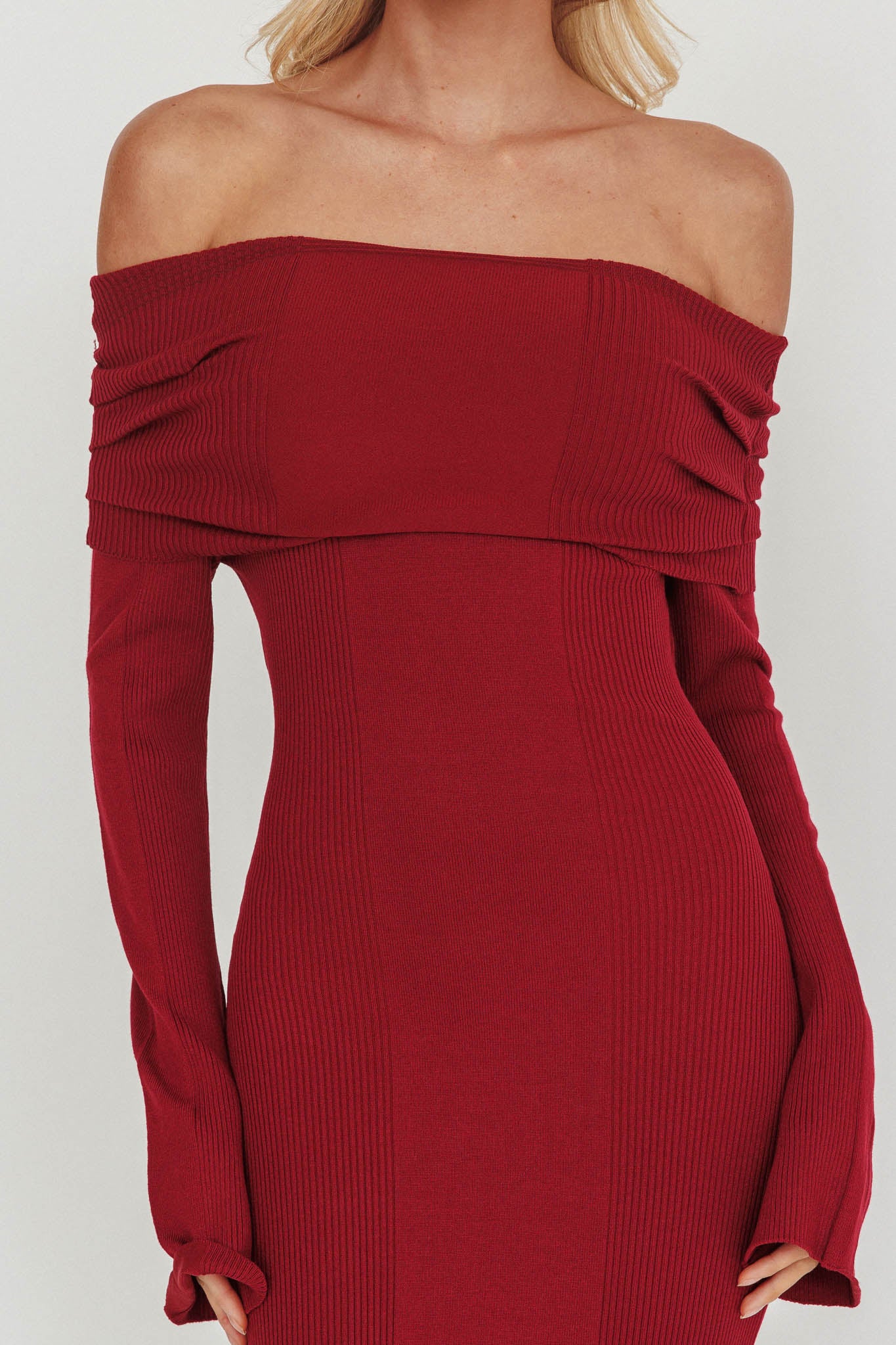 Aloura Off-Shoulder Ribbed Knit Maxi Dress Wine