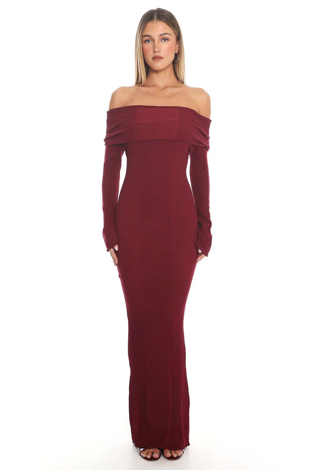 Aloura Off-Shoulder Ribbed Knit Maxi Dress Wine