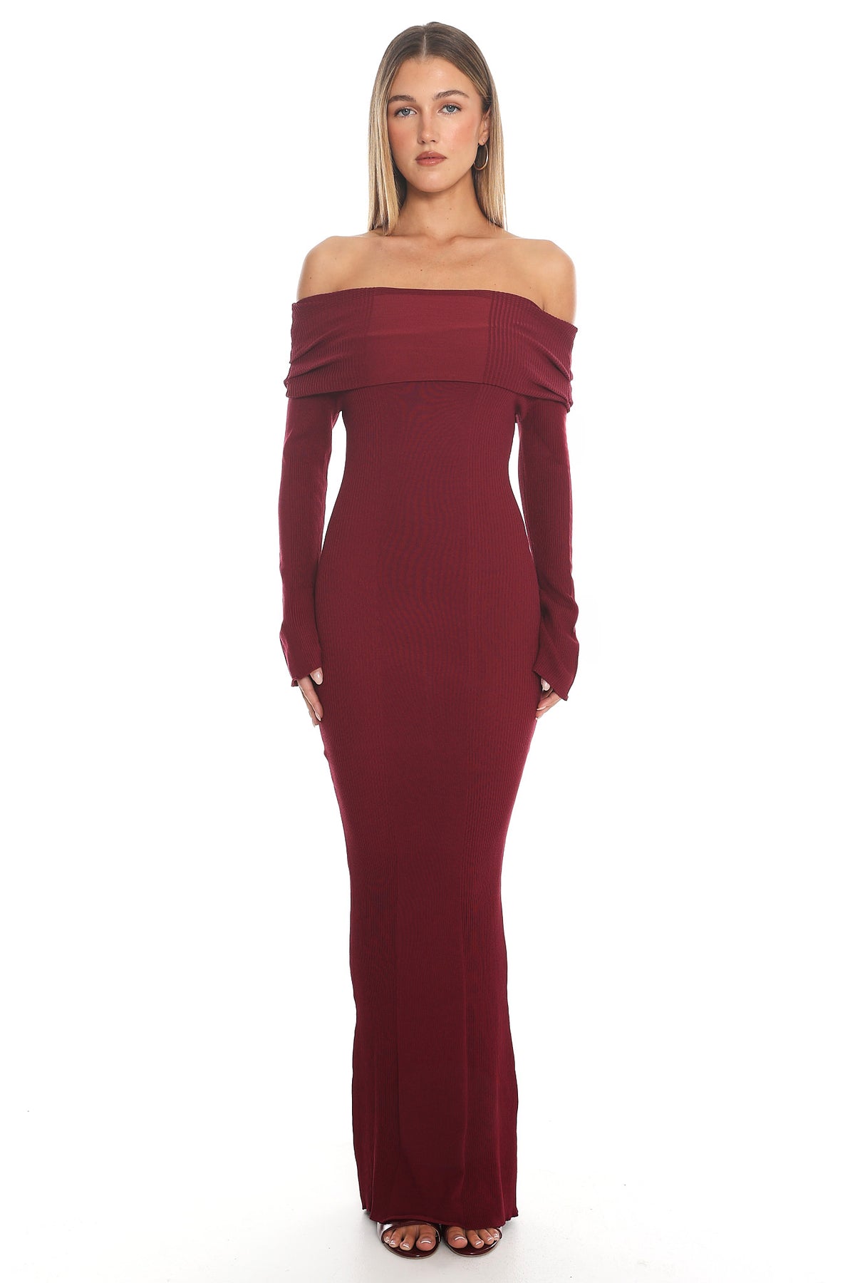 Aloura Off-Shoulder Ribbed Knit Maxi Dress Wine