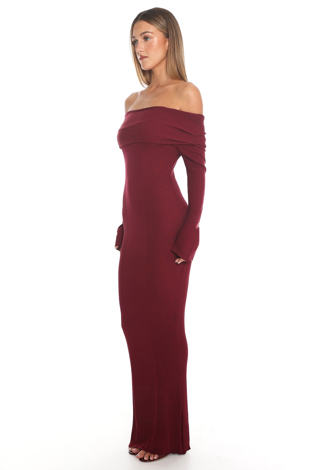 Aloura Off-Shoulder Ribbed Knit Maxi Dress Wine