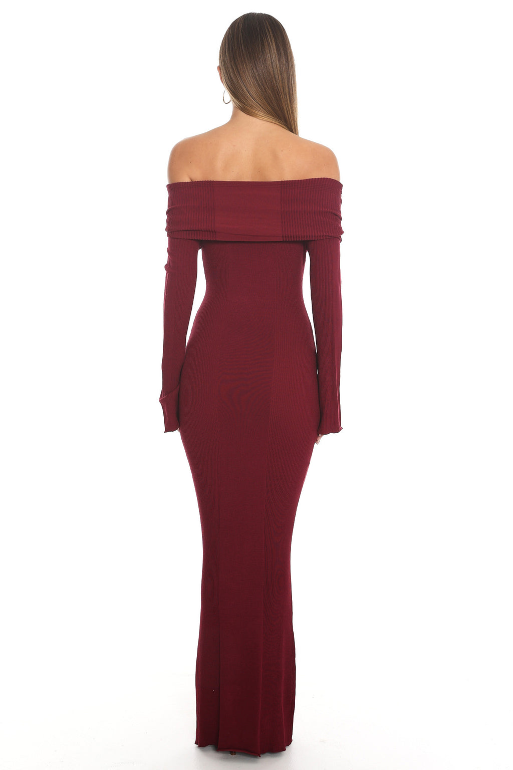 Aloura Off-Shoulder Ribbed Knit Maxi Dress Wine