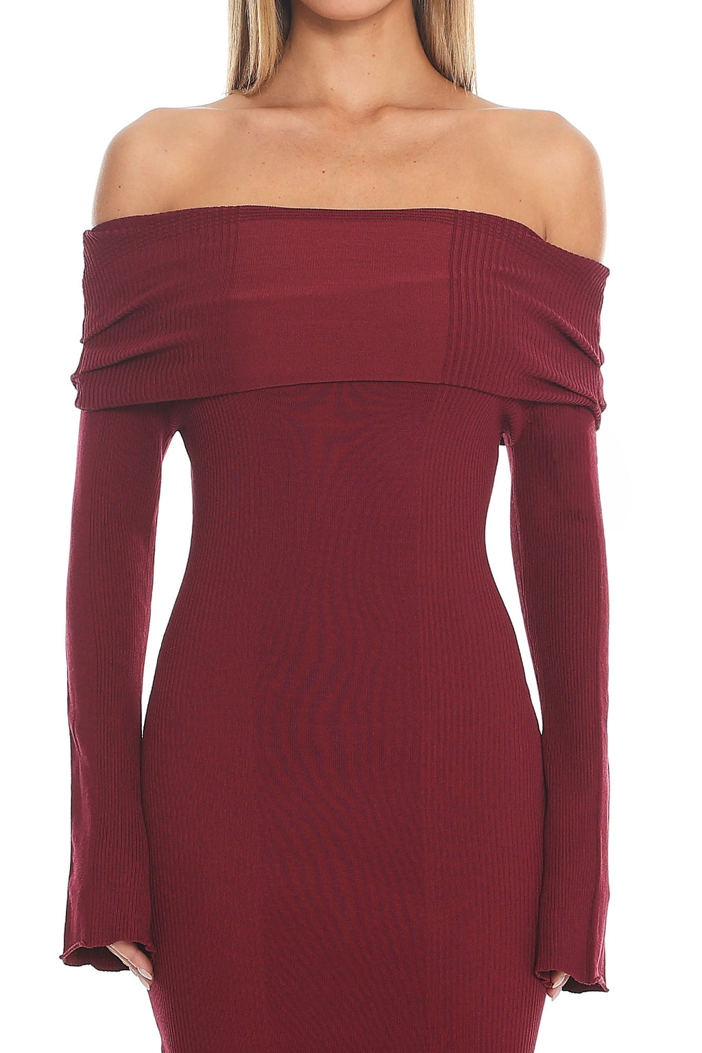 Aloura Off-Shoulder Ribbed Knit Maxi Dress Wine