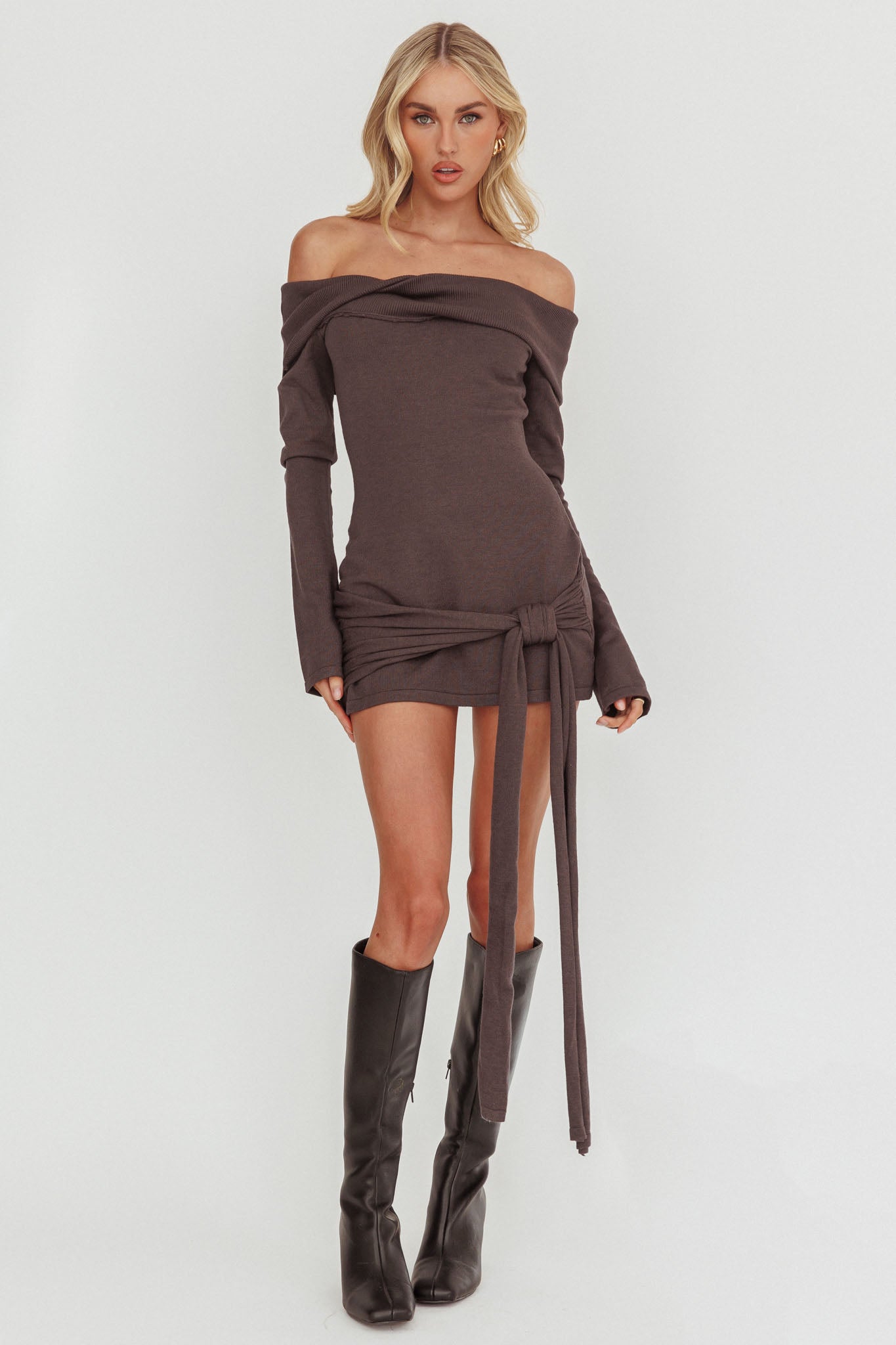 Sofina Off-Shoulder Hip Tie Mini Dress Grey by Selfie Leslie