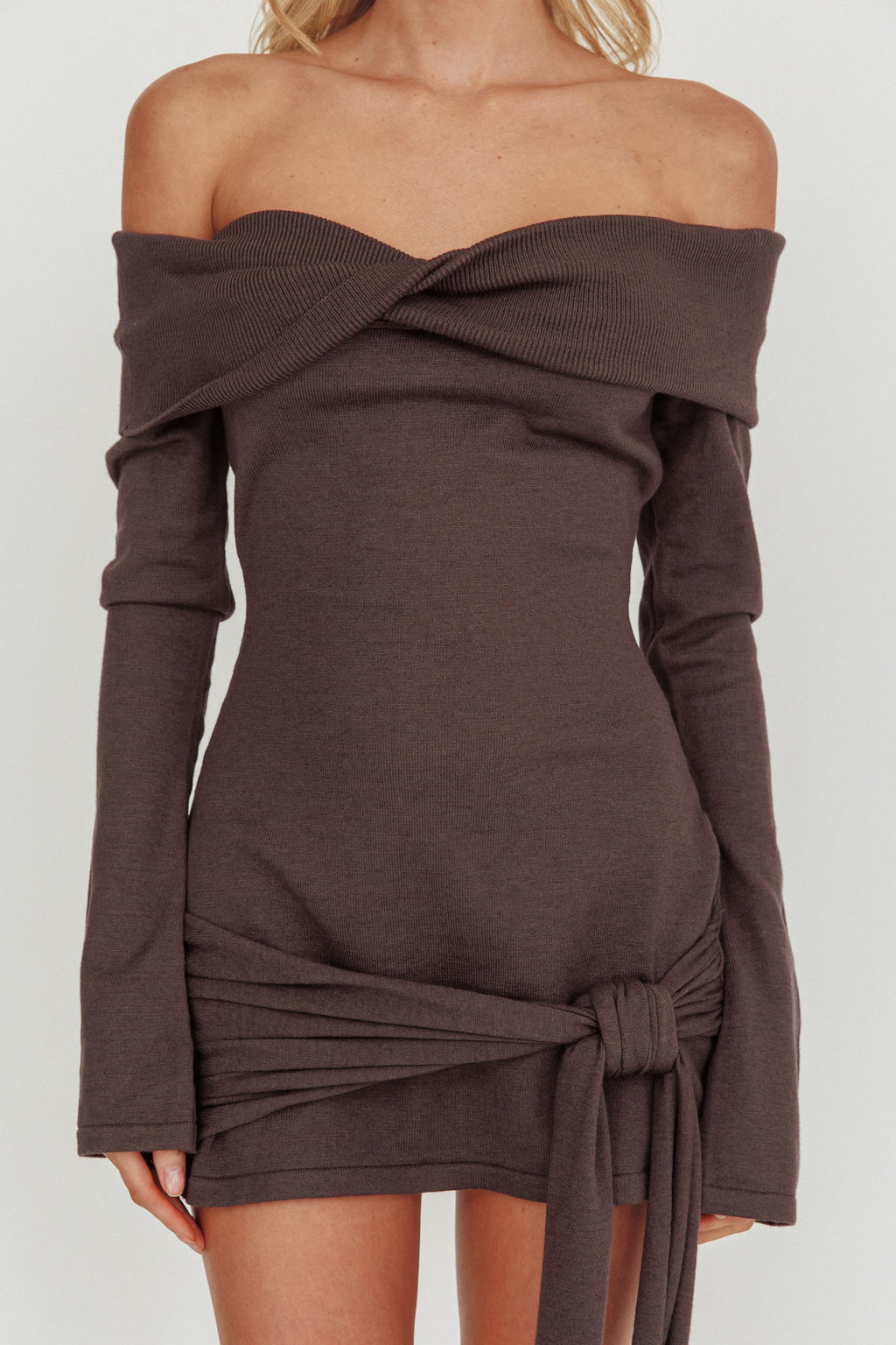 Sofina Off-Shoulder Hip Tie Mini Dress Grey by Selfie Leslie