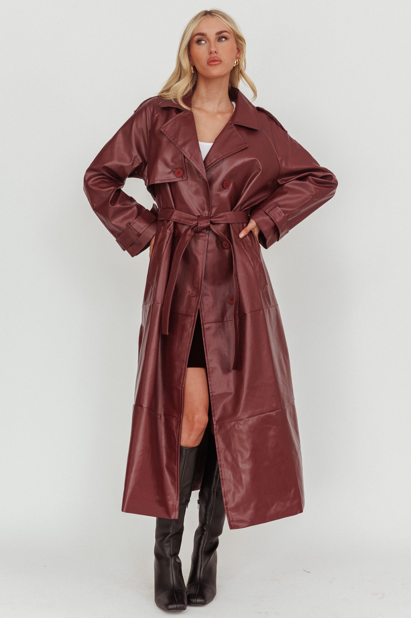 Lyora Longline Faux Leather Trench Coat Burgundy by Selfie Leslie