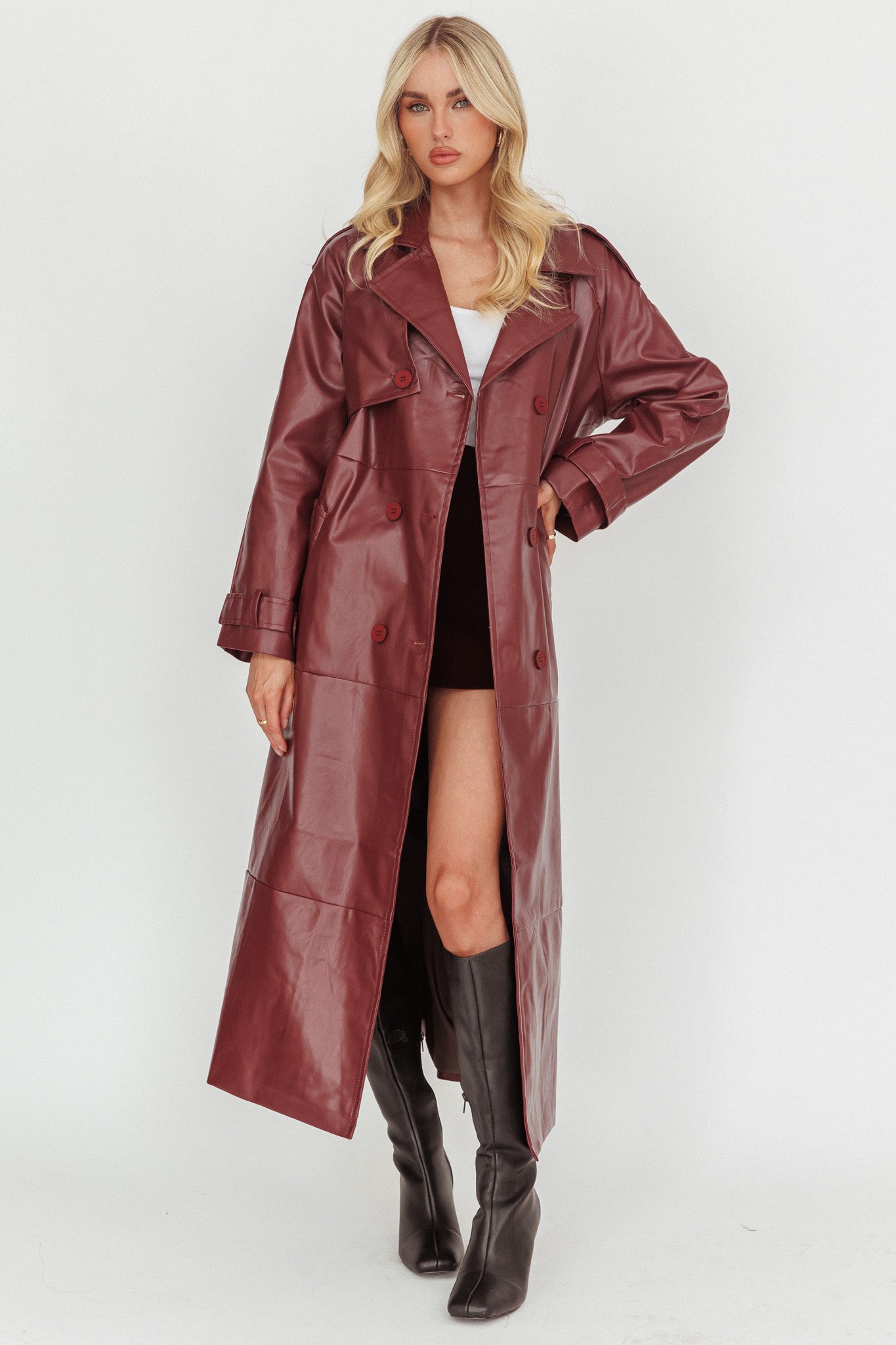 Lyora Longline Faux Leather Trench Coat Burgundy by Selfie Leslie
