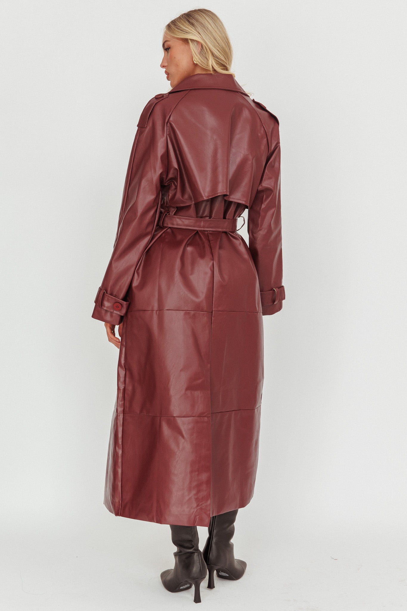 Lyora Longline Faux Leather Trench Coat Burgundy by Selfie Leslie