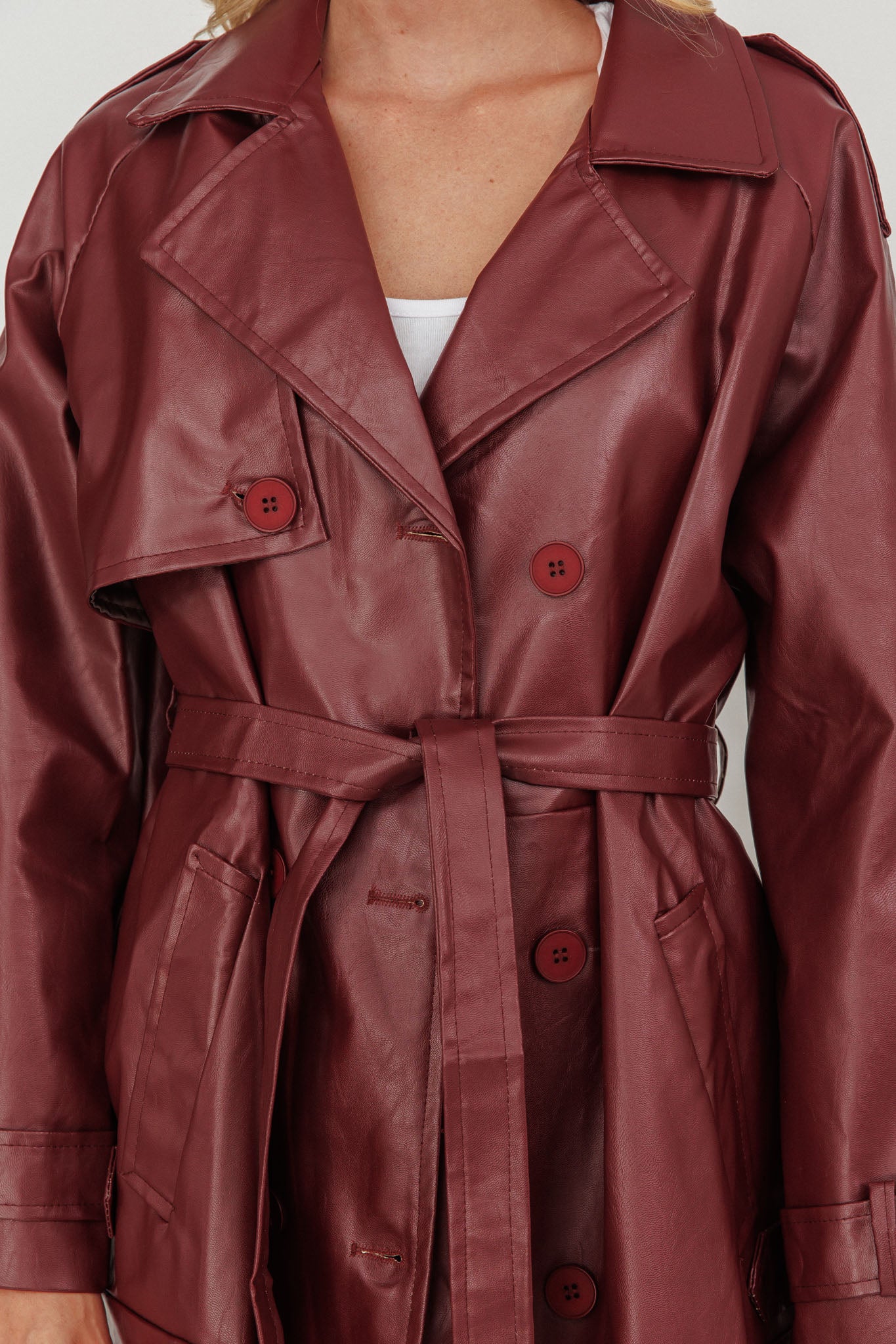 Lyora Longline Faux Leather Trench Coat Burgundy by Selfie Leslie