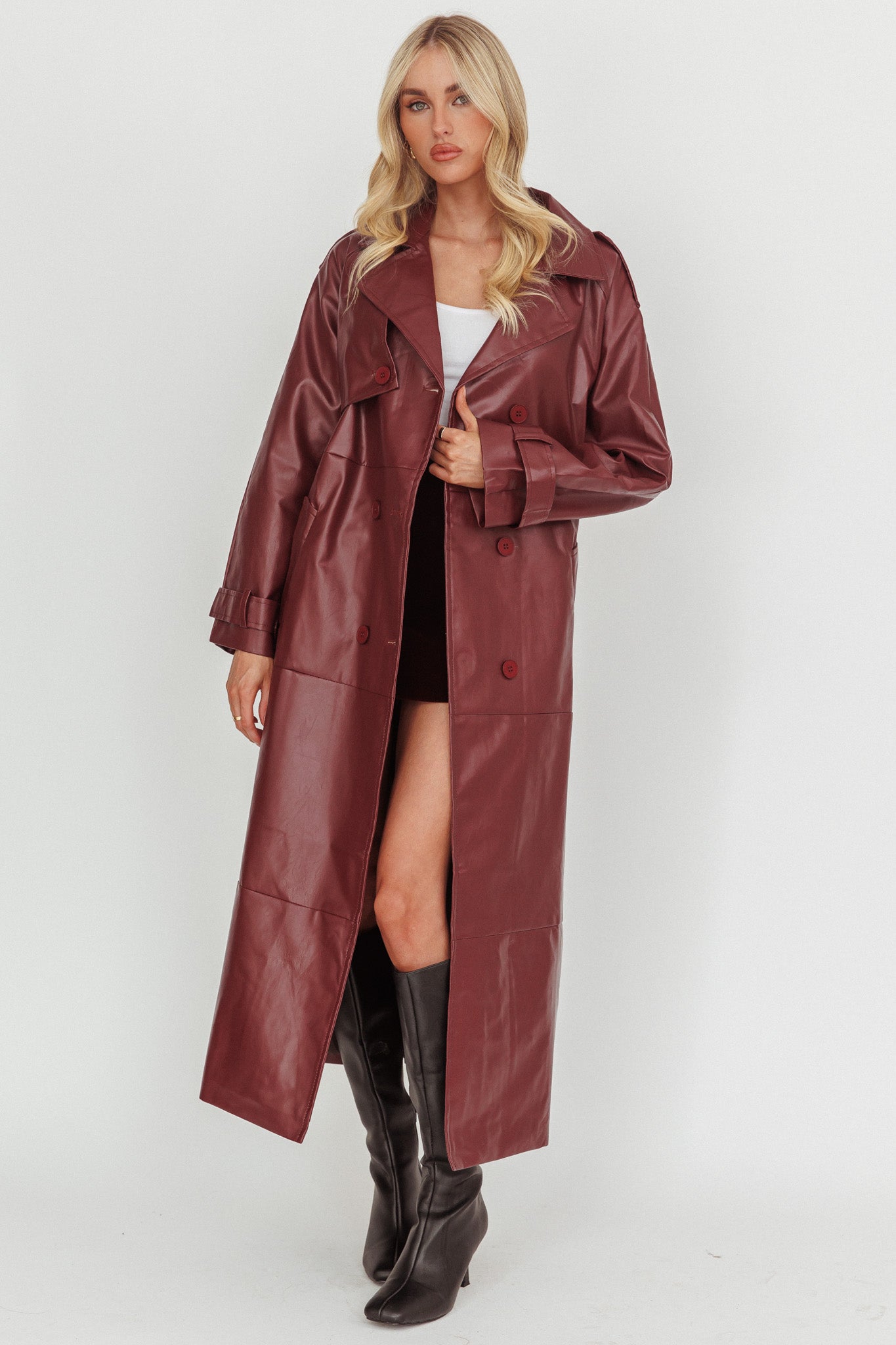 Lyora Longline Faux Leather Trench Coat Burgundy by Selfie Leslie