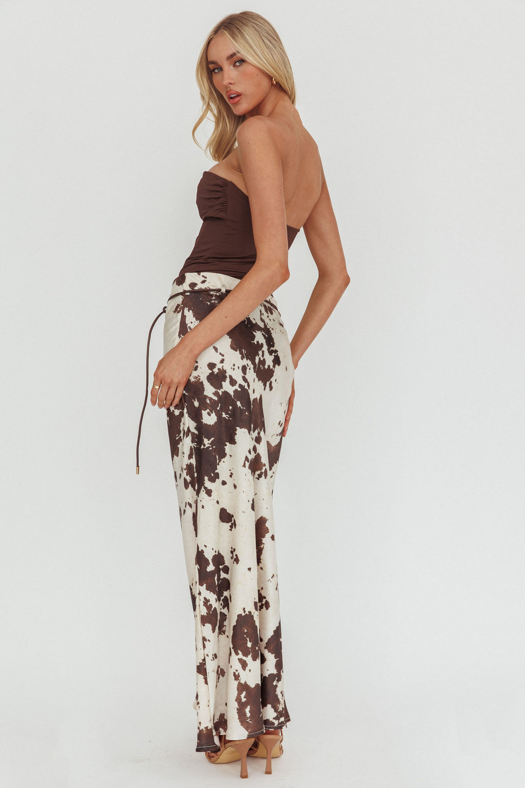 Takara String Tie Maxi Skirt Cow Print by Selfie Leslie