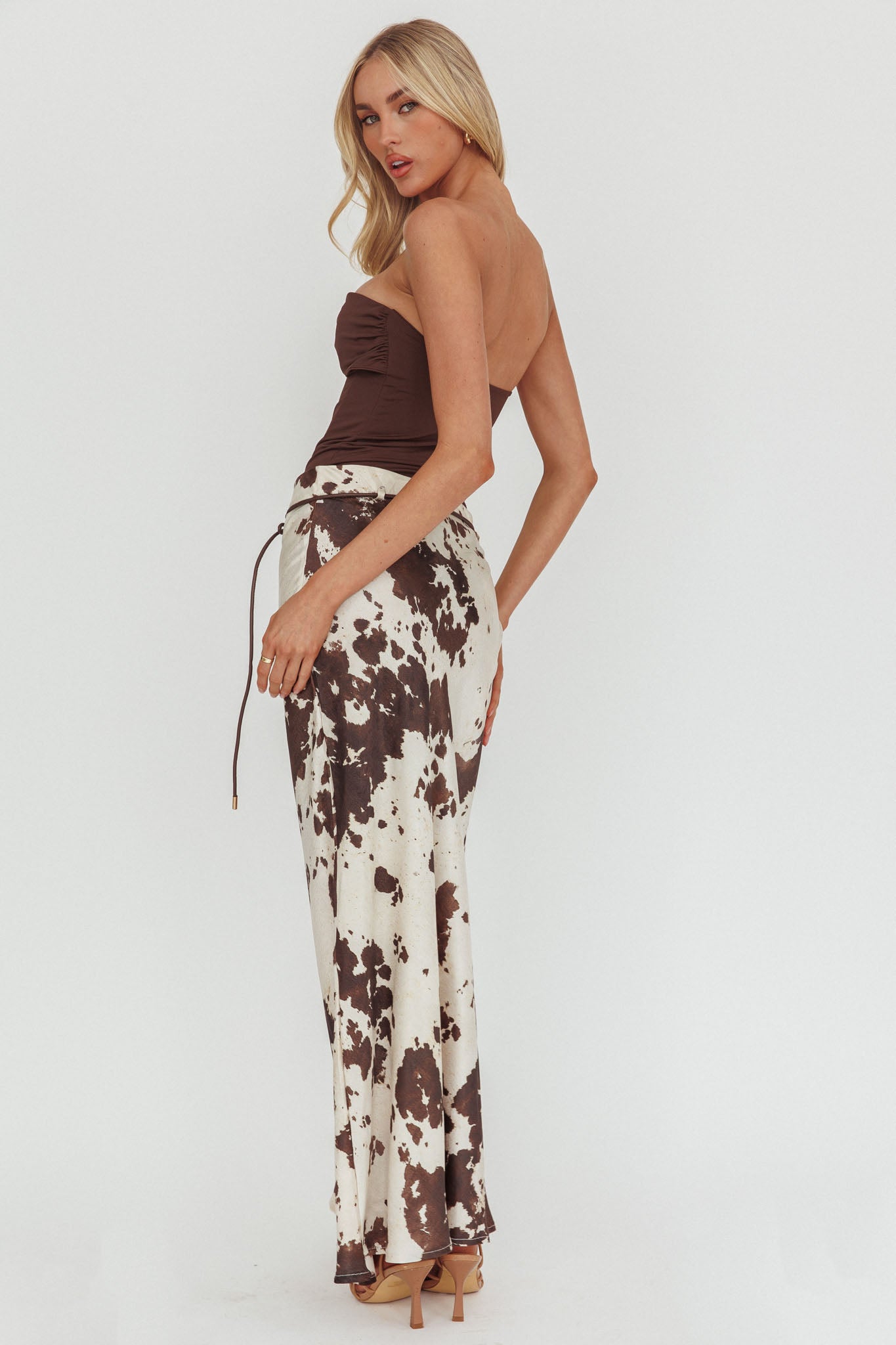 Takara String Tie Maxi Skirt Cow Print by Selfie Leslie