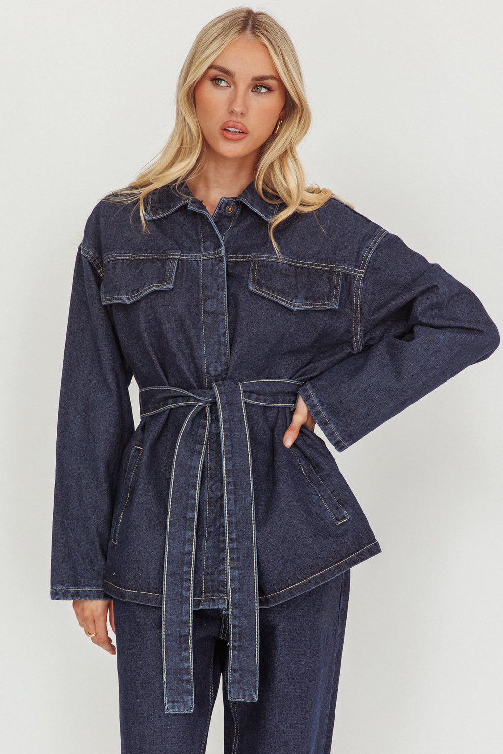 Belisse Waist Tie Button Jacket Denim Blue by Selfie Leslie