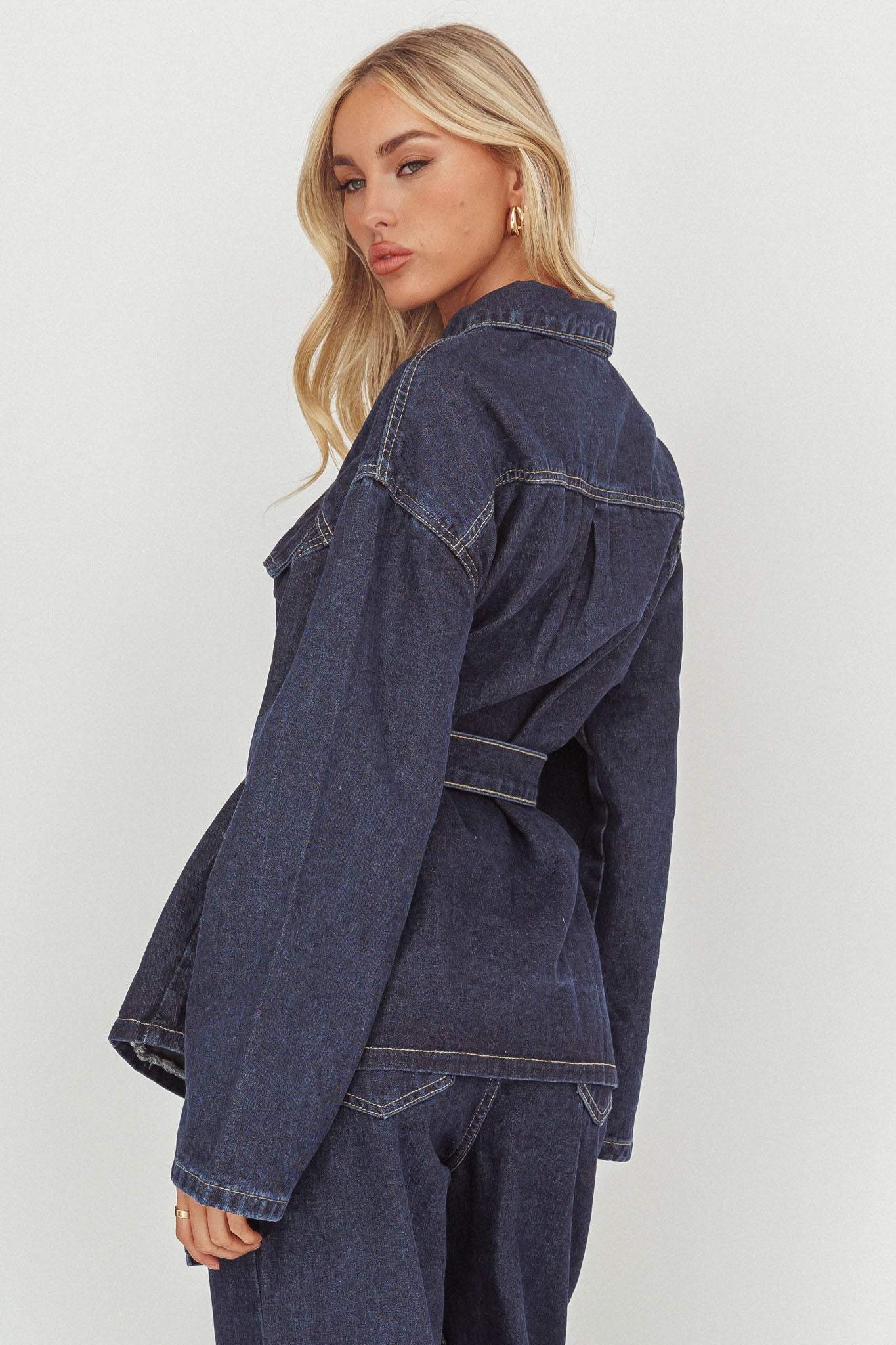 Belisse Waist Tie Button Jacket Denim Blue by Selfie Leslie