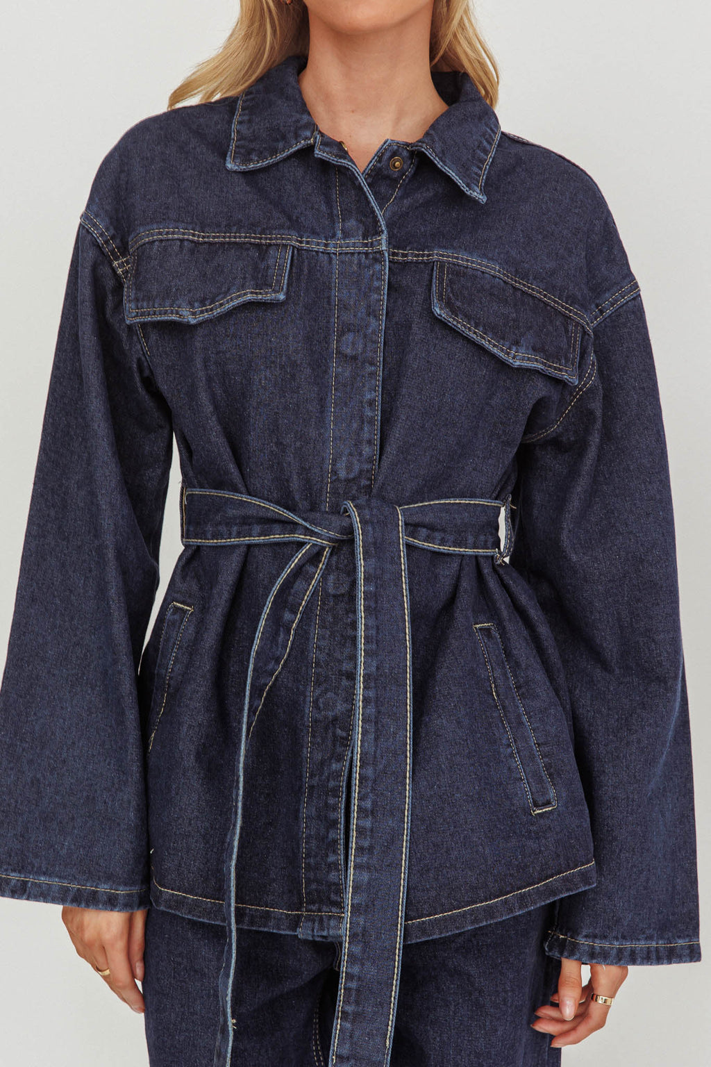 Belisse Waist Tie Button Jacket Denim Blue by Selfie Leslie