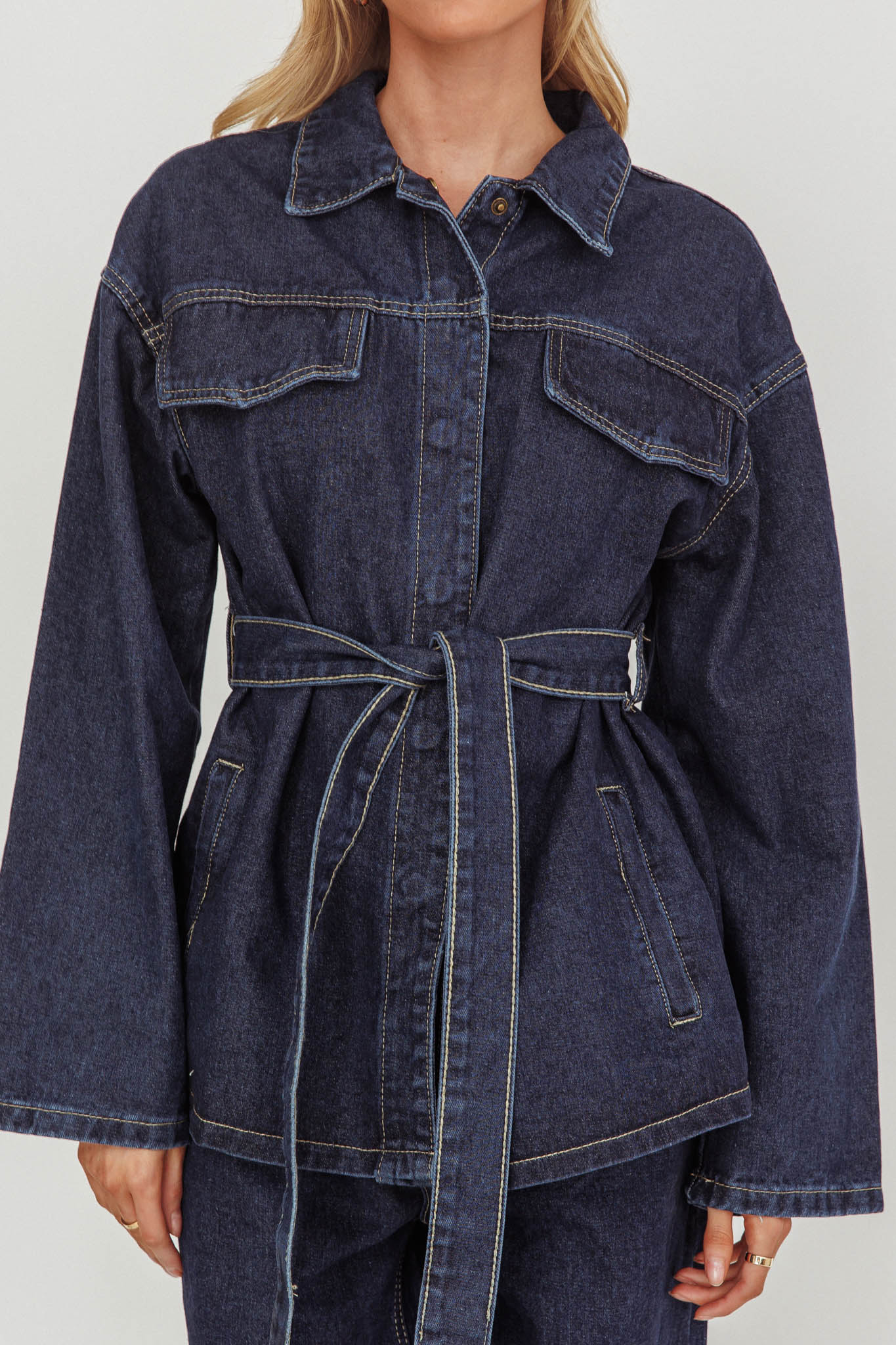 Belisse Waist Tie Button Jacket Denim Blue by Selfie Leslie