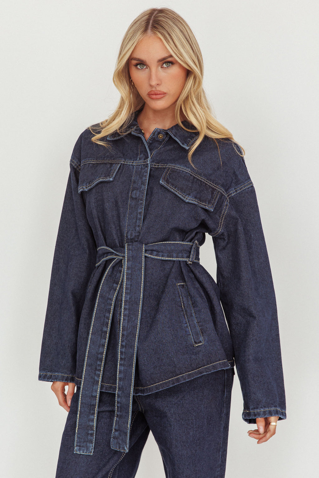 Belisse Waist Tie Button Jacket Denim Blue by Selfie Leslie
