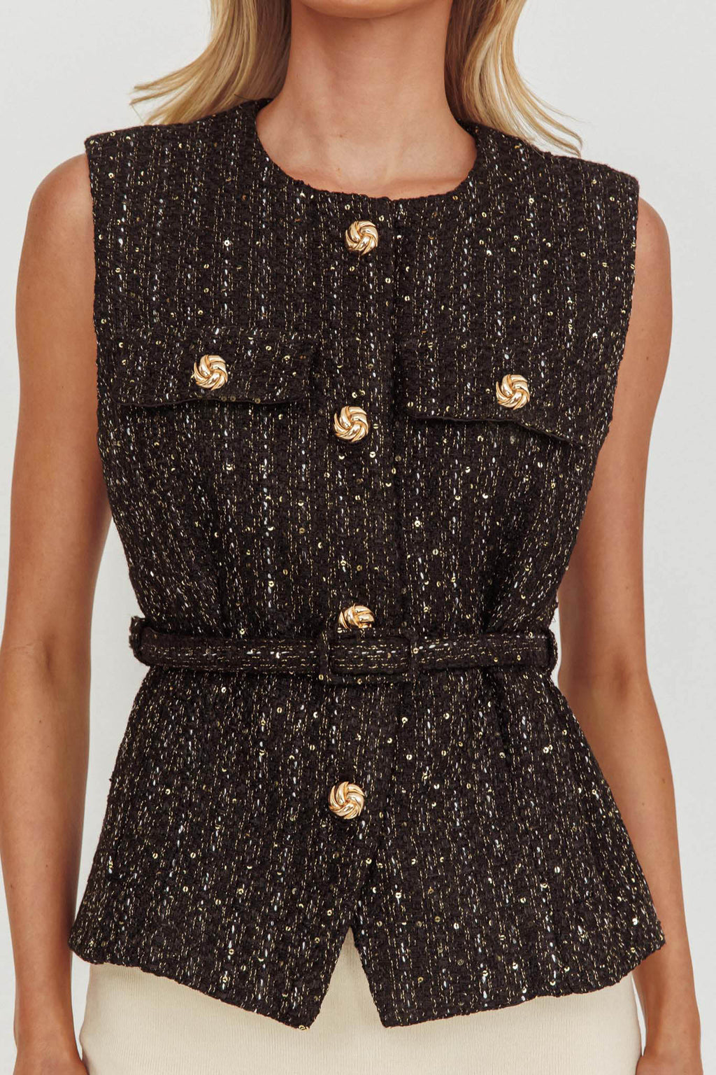 Zephyra Tweed Waist Belt Top Sequin Black by Selfie Leslie
