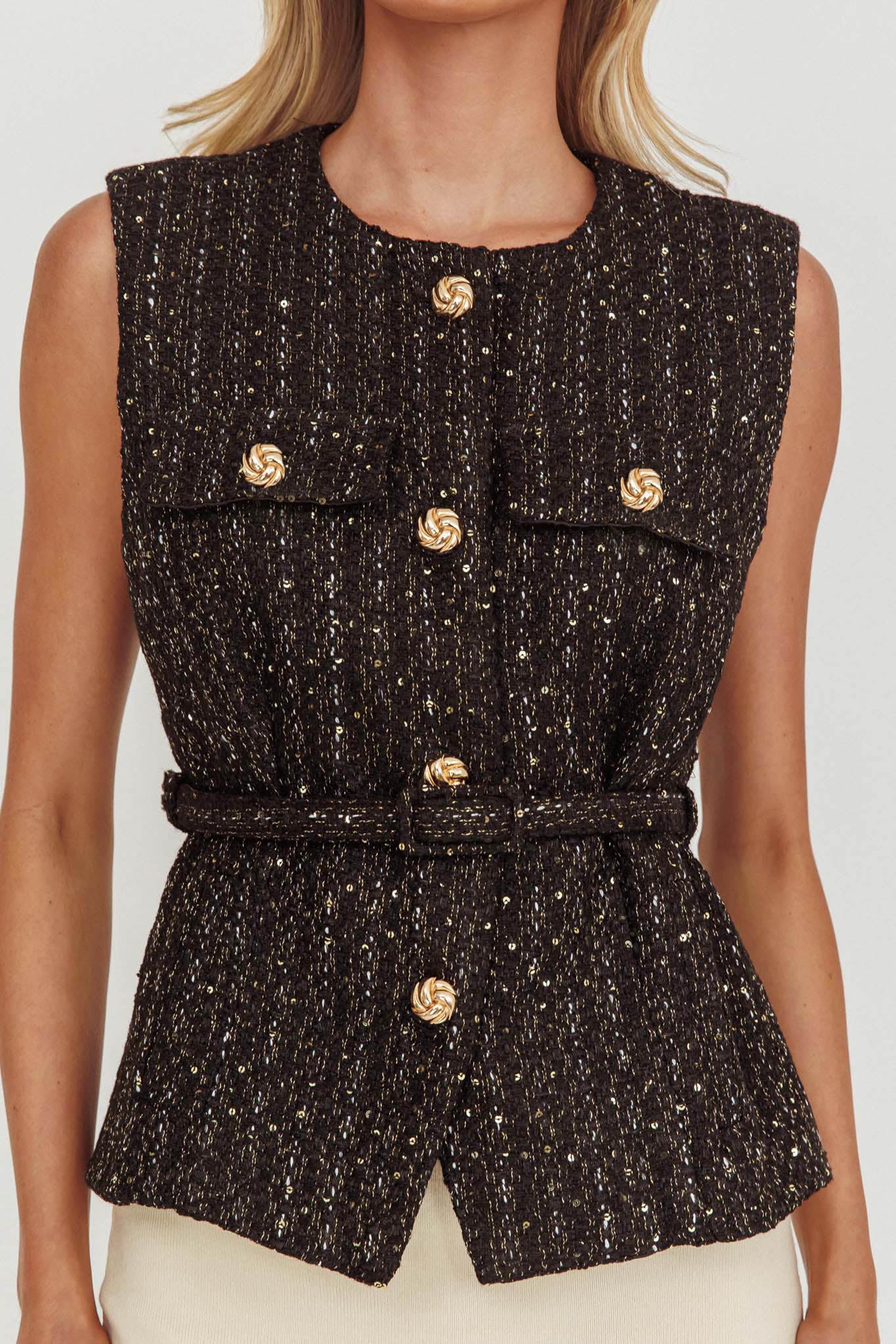 Zephyra Tweed Waist Belt Top Sequin Black by Selfie Leslie