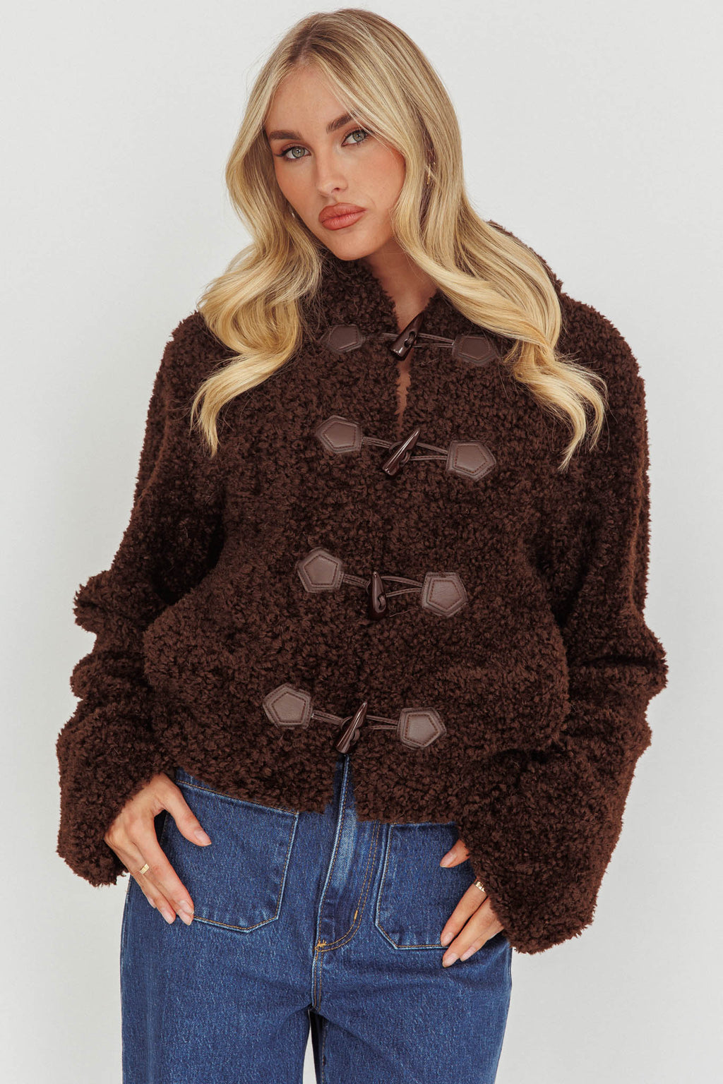 Elaris Hooded Toggle Jacket Brown by Selfie Leslie