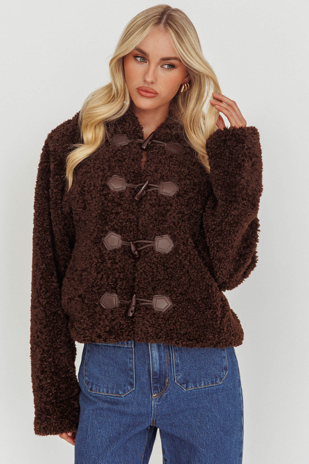 Elaris Hooded Toggle Jacket Brown by Selfie Leslie