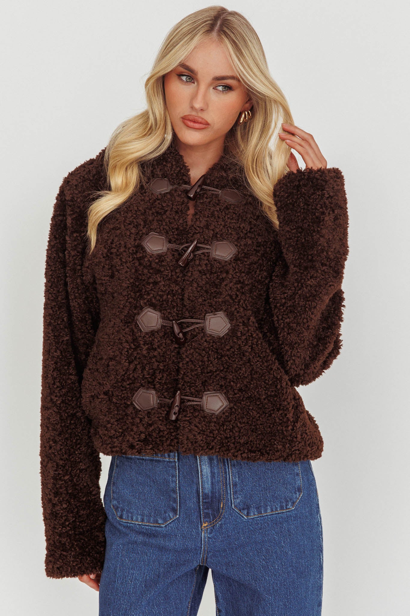 Elaris Hooded Toggle Jacket Brown by Selfie Leslie