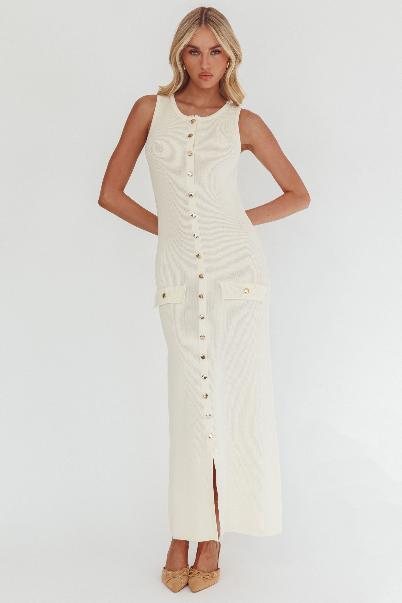 Kelani Gold Button Knit Maxi Dress Cream | Selfie Leslie