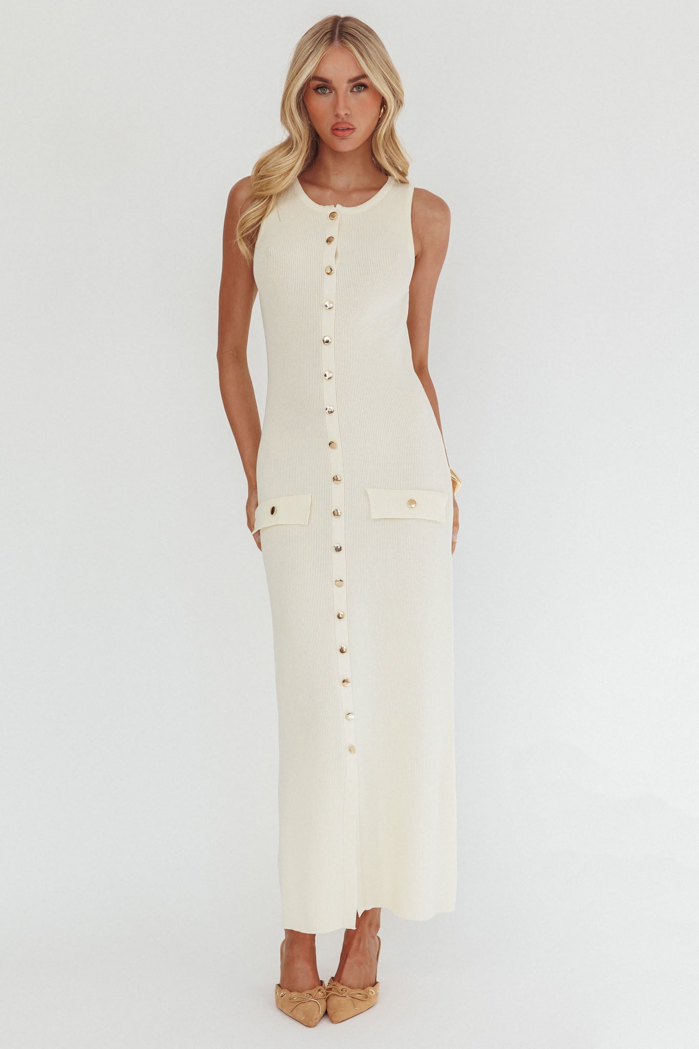 Kelani Gold Button Knit Maxi Dress Cream by Selfie Leslie