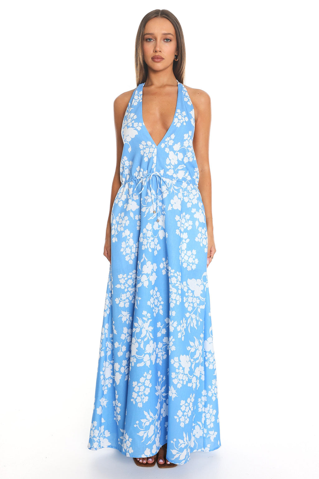 Plumeria Floral Halter Maxi Dress Light Blue