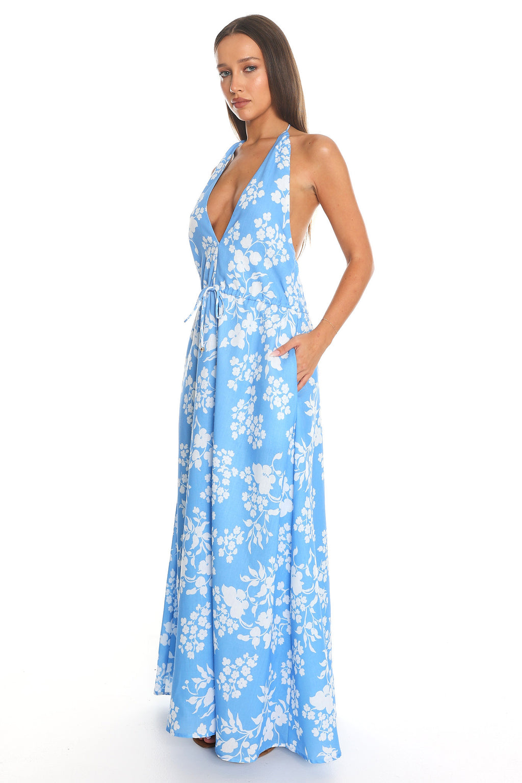 Plumeria Floral Halter Maxi Dress Light Blue