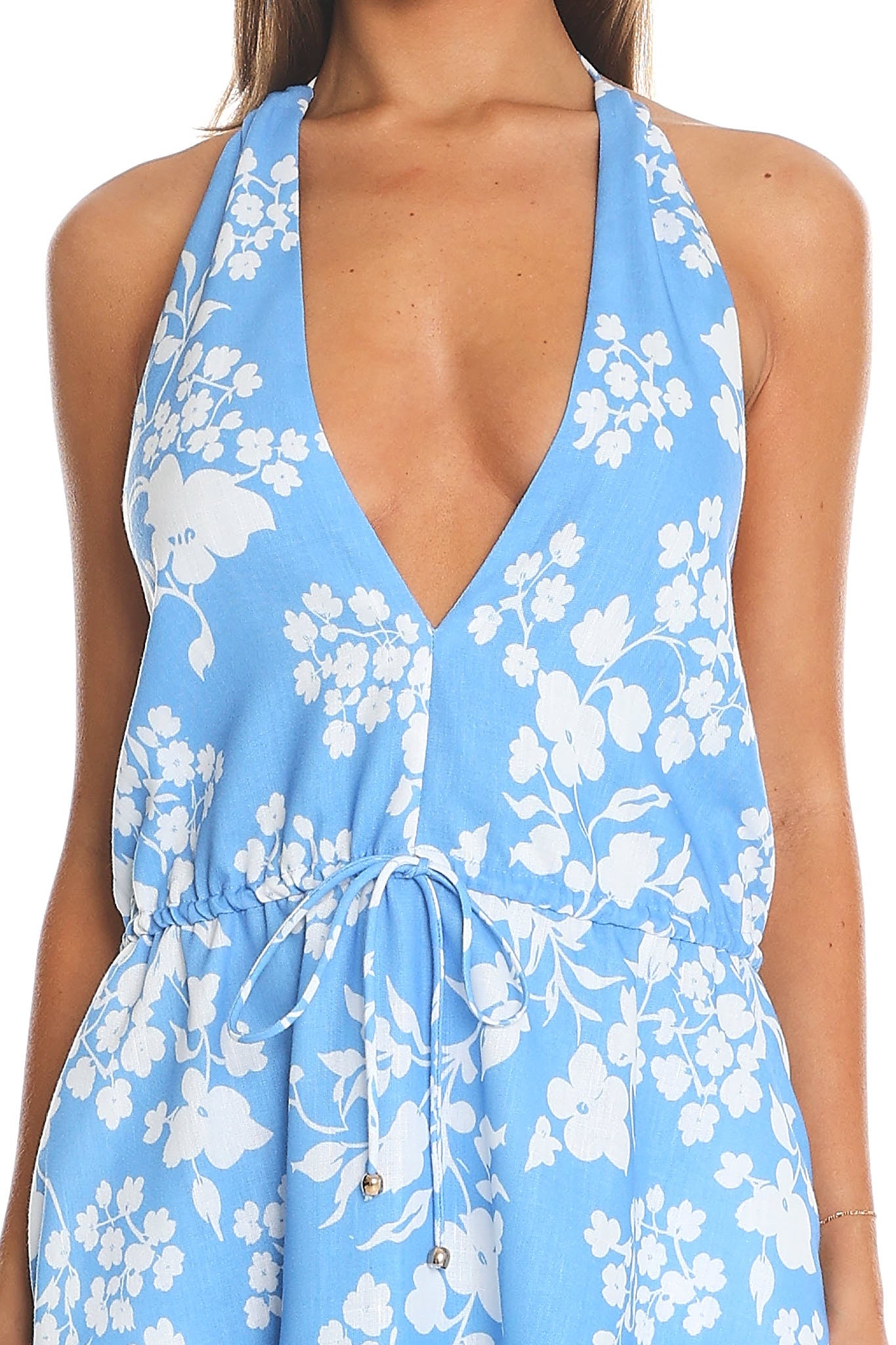 Plumeria Floral Halter Maxi Dress Light Blue