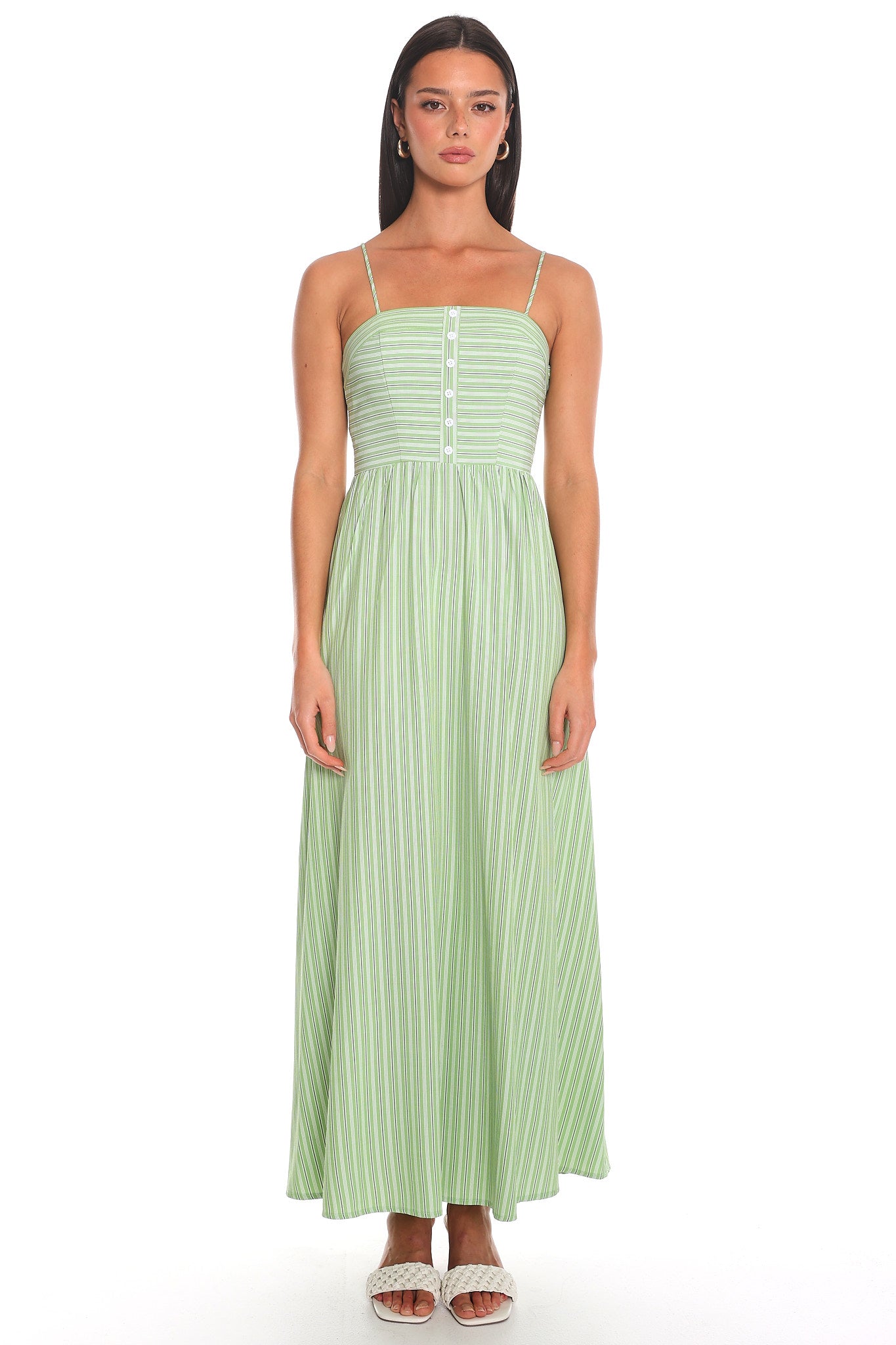 Saturday Sun Stripe Button-Front Maxi Dress Green