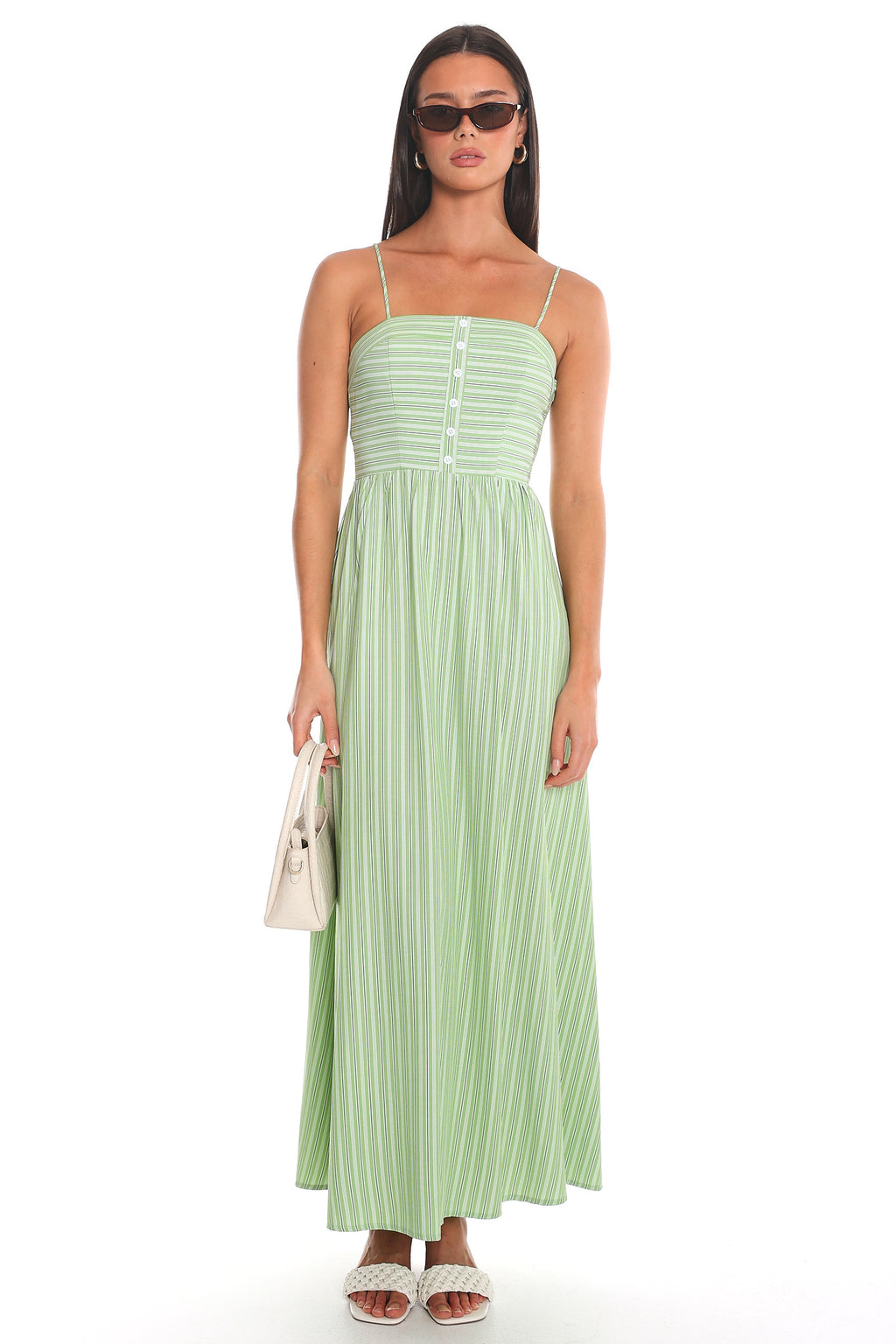 Saturday Sun Stripe Button-Front Maxi Dress Green