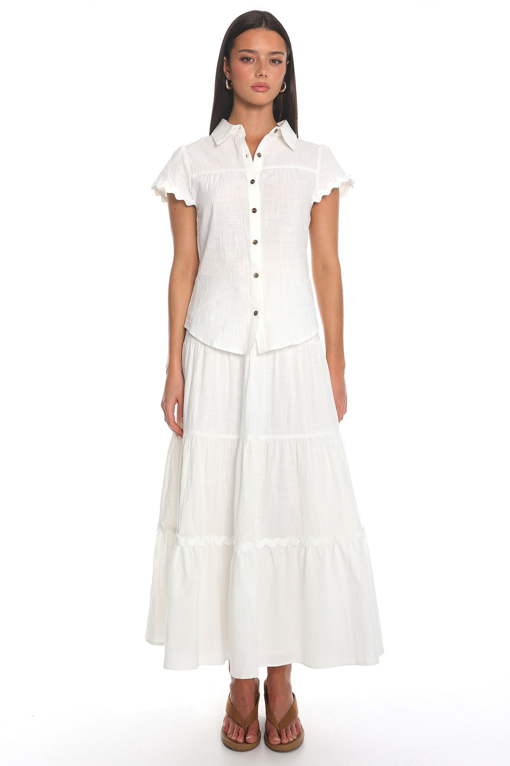Meadow Grove Scalloped Button-Up Top White