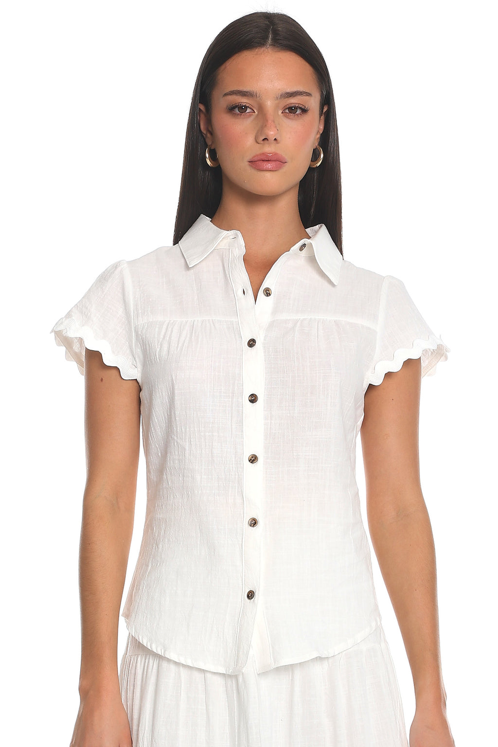 Meadow Grove Scalloped Button-Up Top White